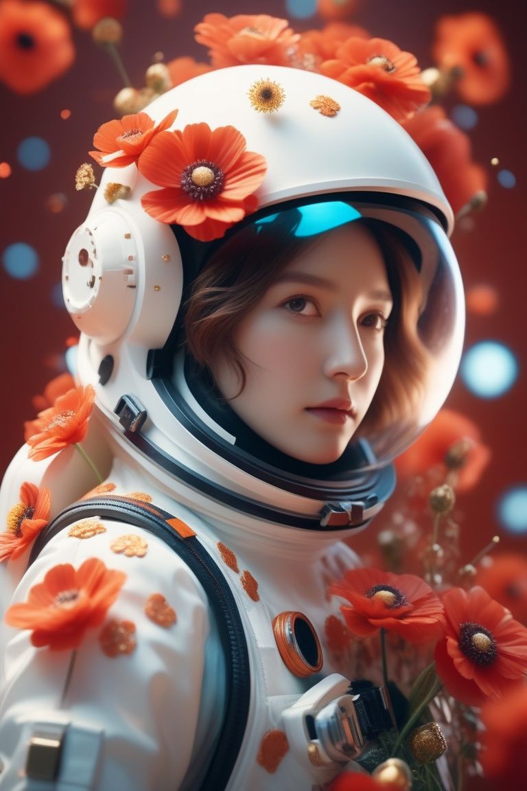 cinematic photo perfectly centered portrait detailed astronaut with flowers explosion helmets, anatomical drawing, dripping paint, coquelicot color, volumetric lighting, unreal engine, blender model, 3d model, incredible bokeh . 35mm photograph, film, bokeh, professional, 4k, highly detailed