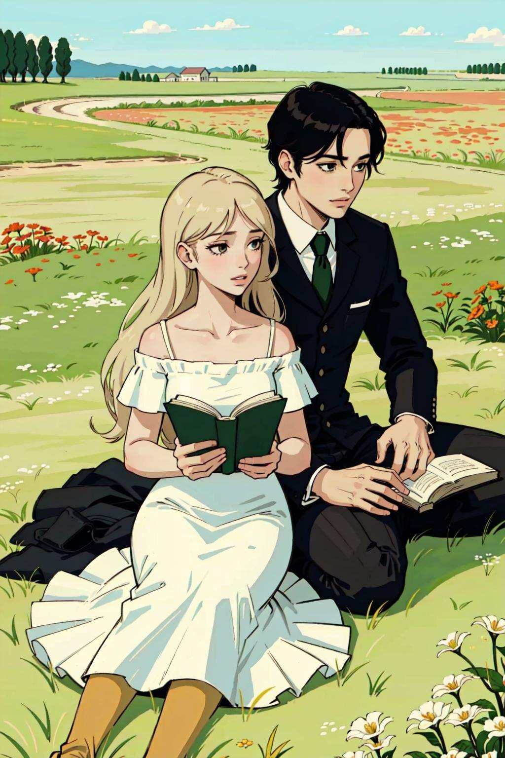 A group of boys and girls sat on the ground reading,  grass field,  flowers by Mytee on Tensor.Art