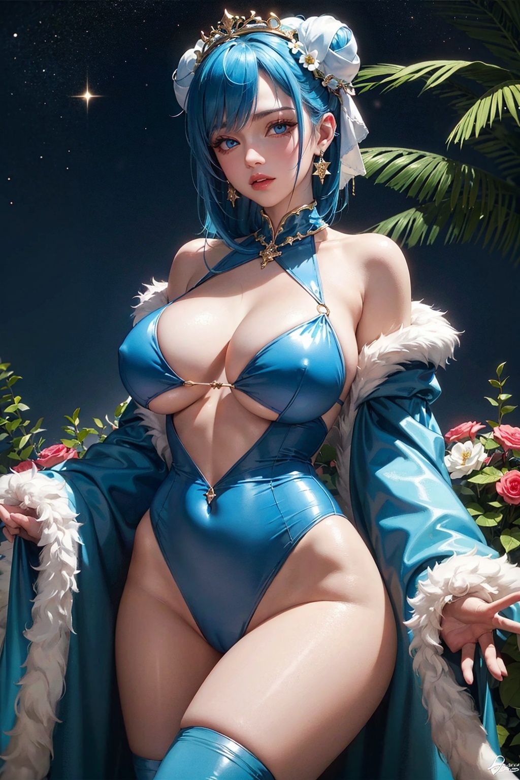 a very pretty lady with big breast and blue hair in a silk costume and flowers on her head and chest,  Artgerm,  ultra det...