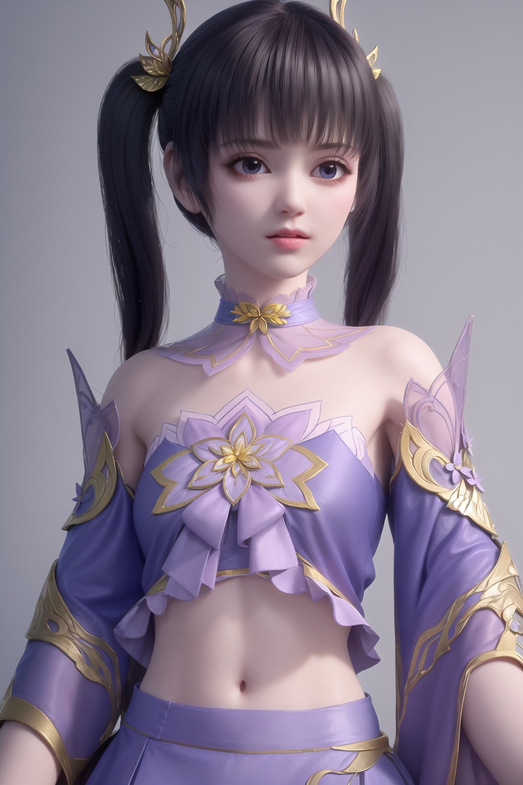 (8k, RAW photo, best quality, masterpiece:1.2),(realistic, photo-realistic:1.2), ultra-detailed, extremely detailed cg 8k wallpaper,(crystalstexture skin:1.2), (extremely delicate and beautiful),looking at viewer,solo,1girl,twintails,upper_body,black_hair,long_hair,bare_shoulders,lips,hair_ornament,blunt_bangs,choker,bangs,midriff,breasts,purple_hair,butterfly_hair_ornament,skirt,