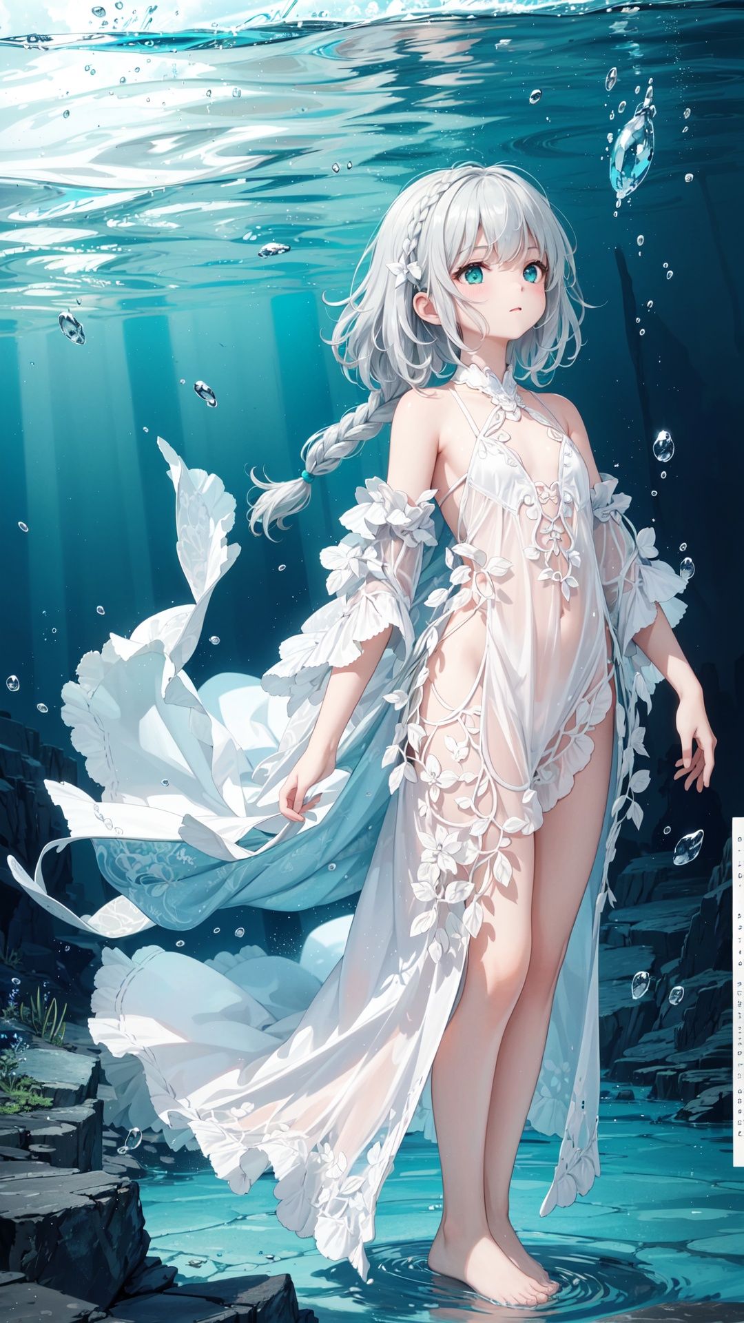 (((green, silver, glimmer)), limited palette, contrast, phenomenal aesthetic, best quality, sumptuous artwork, (masterpiece), (best quality), (ultra-detailed),(((illustration))), ((an extremely delicate and beautiful)),(detailed light),ull_body,underwater,submerged,abyss,deep_ocean,ocean_bottom,(drowning:1.2),Submerged ruins,Blurred picture,lens flare,hdr,1girl,cold theme, broken glass, broken wall,aqua theme,white hair,blinking,white dress,closed mouth,constel lation,flat color,noline art,white hair,braid,blinking,white robe,bust \(sculpture\),barefoot,float,closed mouth,constel lation,flat color,looking up,standing,male focus,medium hair,standing,solo,