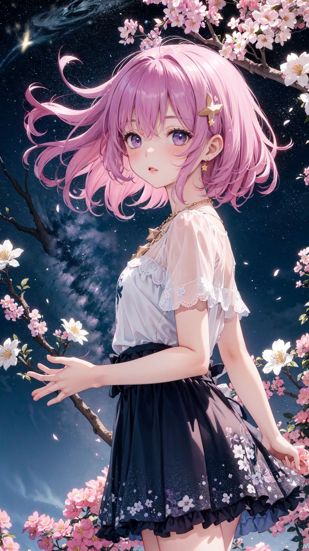 (watercolor \(medium\):1.25), color splashing, fussion of Fluid abstract art, colorful, //
flat color, by wlop, (double exposure of girl and universe:1.35), //
(from beside:0.85), cowboy shot, (1girl:1.25), (+_+), solo, liquid starry hair, short purple starry hair, star-shaped hair ornament, liquid starry lace dress tulle skirt, jewelry necklace, //
Extremely and detailed Starry sky background, wind, nebula-background, fantastic-wind nebula, (branch:1.15), in flower blossoms