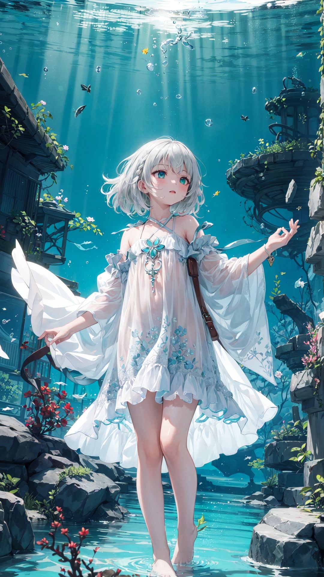 (((green, silver, glimmer)), limited palette, contrast, phenomenal aesthetic, best quality, sumptuous artwork, (masterpiece), (best quality), (ultra-detailed), (((illustration))), ((an extremely delicate and beautiful)), (detailed light),

ull_body, underwater, submerged, abyss, deep_ocean, ocean_bottom, (drowning:1.2), Submerged ruins, Blurred picture, lens flare, hdr,


1girl, cold theme, broken glass, broken wall, aqua theme, white hair, blinking, white dress, closed mouth, constel lation, flat color, noline art, white hair, braid, blinking, white robe, bust \(sculpture\), barefoot, float, closed mouth, constel lation, flat color, looking up, standing, male focus, medium hair, standing, solo