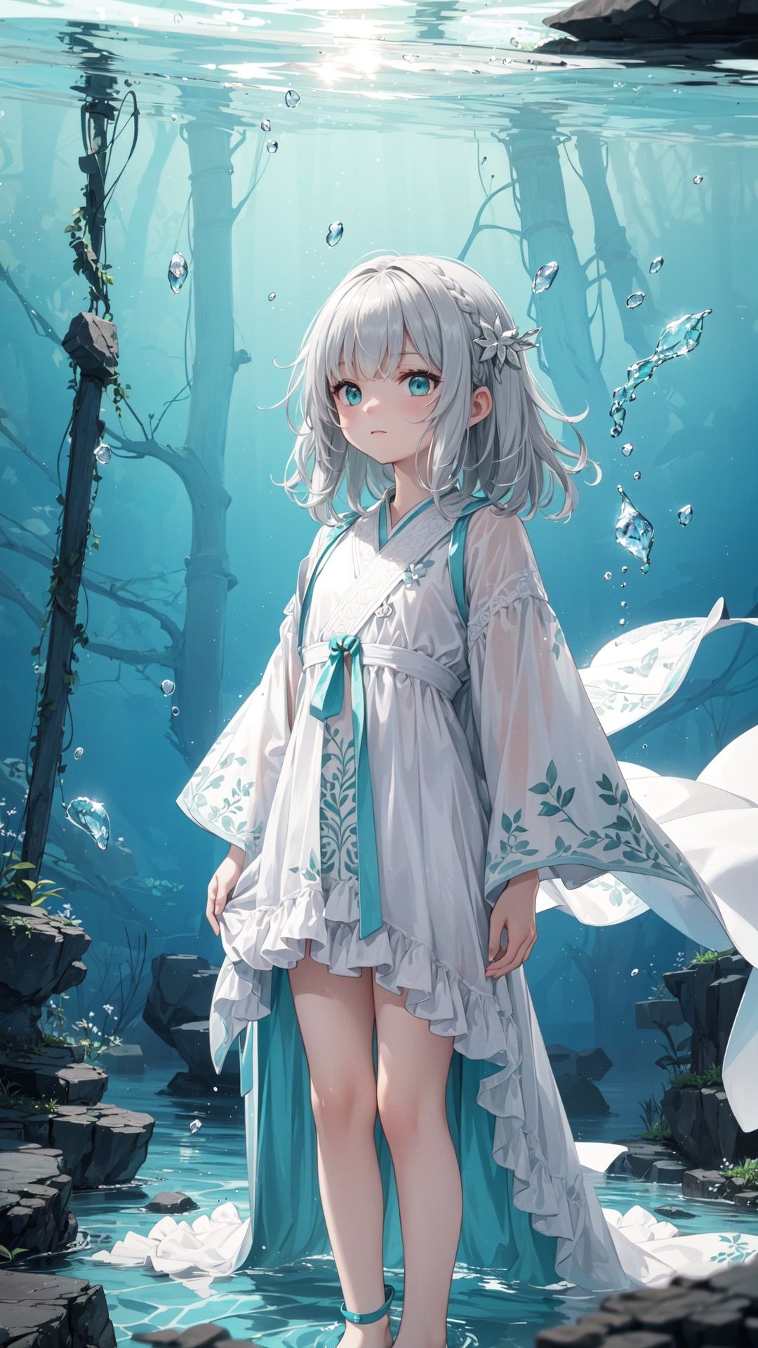 (((green, silver, glimmer)), limited palette, contrast, phenomenal aesthetic, best quality, sumptuous artwork, (masterpiece), (best quality), (ultra-detailed),(((illustration))), ((an extremely delicate and beautiful)),(detailed light),ull_body,underwater,submerged,abyss,deep_ocean,ocean_bottom,(drowning:1.2),Submerged ruins,Blurred picture,lens flare,hdr,1girl,cold theme, broken glass, broken wall,aqua theme,white hair,blinking,white dress,closed mouth,constel lation,flat color,noline art,white hair,braid,blinking,white robe,bust \(sculpture\),barefoot,float,closed mouth,constel lation,flat color,looking up,standing,male focus,medium hair,standing,solo,