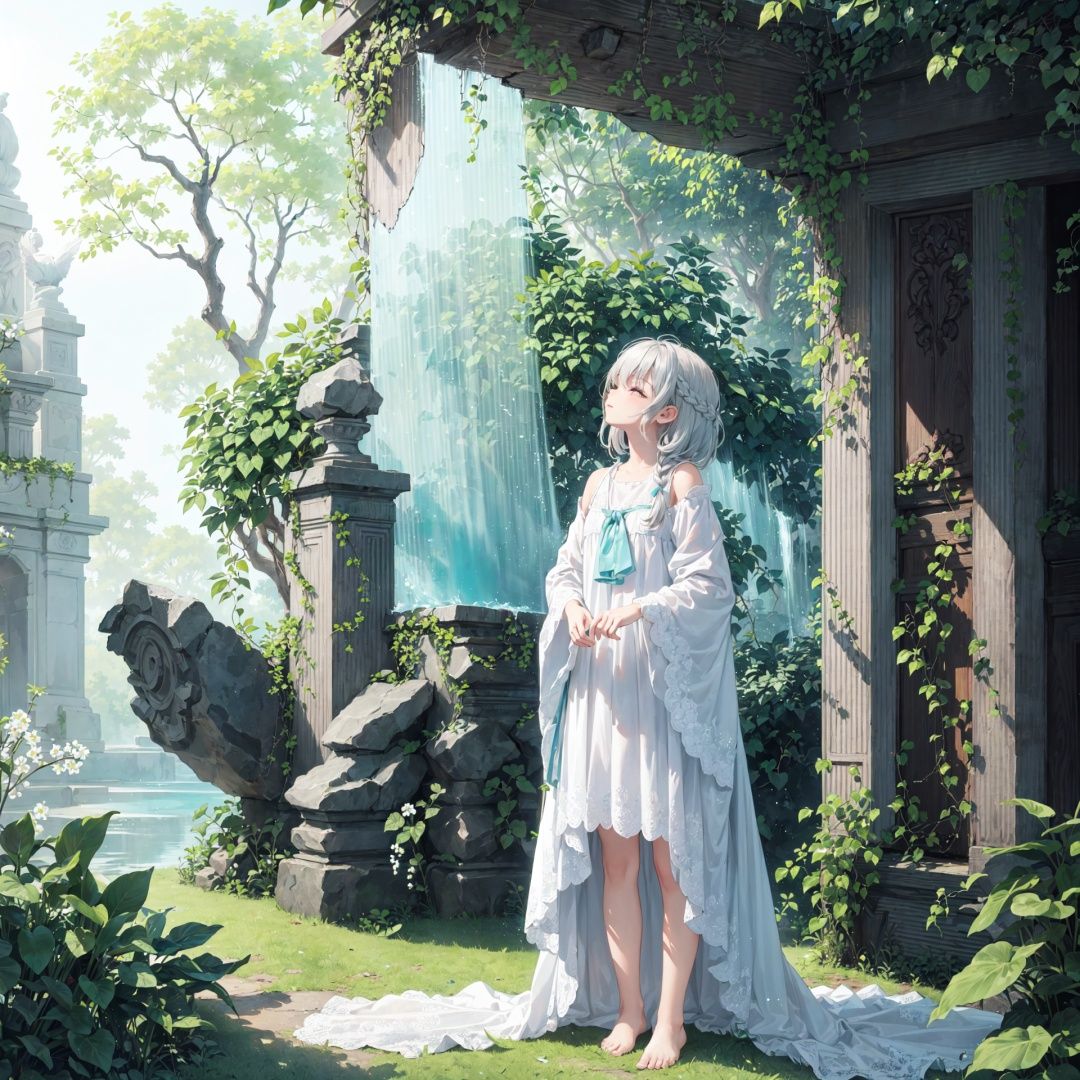 dark,dark,(((green, silver, glimmer)), limited palette, contrast, phenomenal aesthetic, best quality, sumptuous artwork, (masterpiece), (best quality), (ultra-detailed), (((illustration))), ((an extremely delicate and beautiful)), (detailed light),

dark,lily of the valley,lily of the valley,vines,forest, ruins, Blurred picture, lens flare, hdr,Tyndall effect,


1girl, cold theme, broken glass, broken wall, aqua theme, white hair, blinking, white dress, closed mouth, constel lation, flat color, noline art, white hair, braid, blinking, white robe, bust \(sculpture\), barefoot, float, closed mouth, constel lation, flat color, looking up, standing, male focus, medium hair, standing, solo         