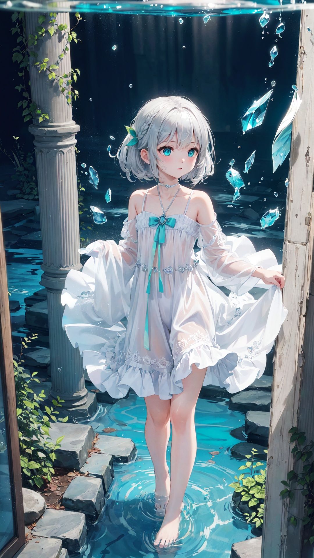 (((green, silver, glimmer)), limited palette, contrast, phenomenal aesthetic, best quality, sumptuous artwork, (masterpiece), (best quality), (ultra-detailed), (((illustration))), ((an extremely delicate and beautiful)), (detailed light),

ull_body, underwater, submerged, abyss, deep_ocean, ocean_bottom, (drowning:1.2), Submerged ruins, Blurred picture, lens flare, hdr,


1girl, cold theme, broken glass, broken wall, aqua theme, white hair, blinking, white dress, closed mouth, constel lation, flat color, noline art, white hair, braid, blinking, white robe, bust \(sculpture\), barefoot, float, closed mouth, constel lation, flat color, looking up, standing, male focus, medium hair, standing, solo
