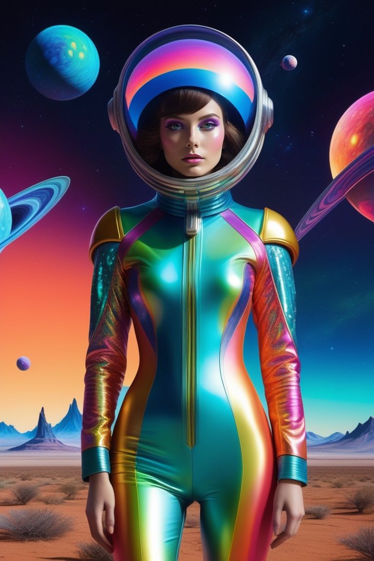 On an alien planet that seems plucked from the vibrant dreams of the 1960s,  a space girl emerges as a striking vision. He...