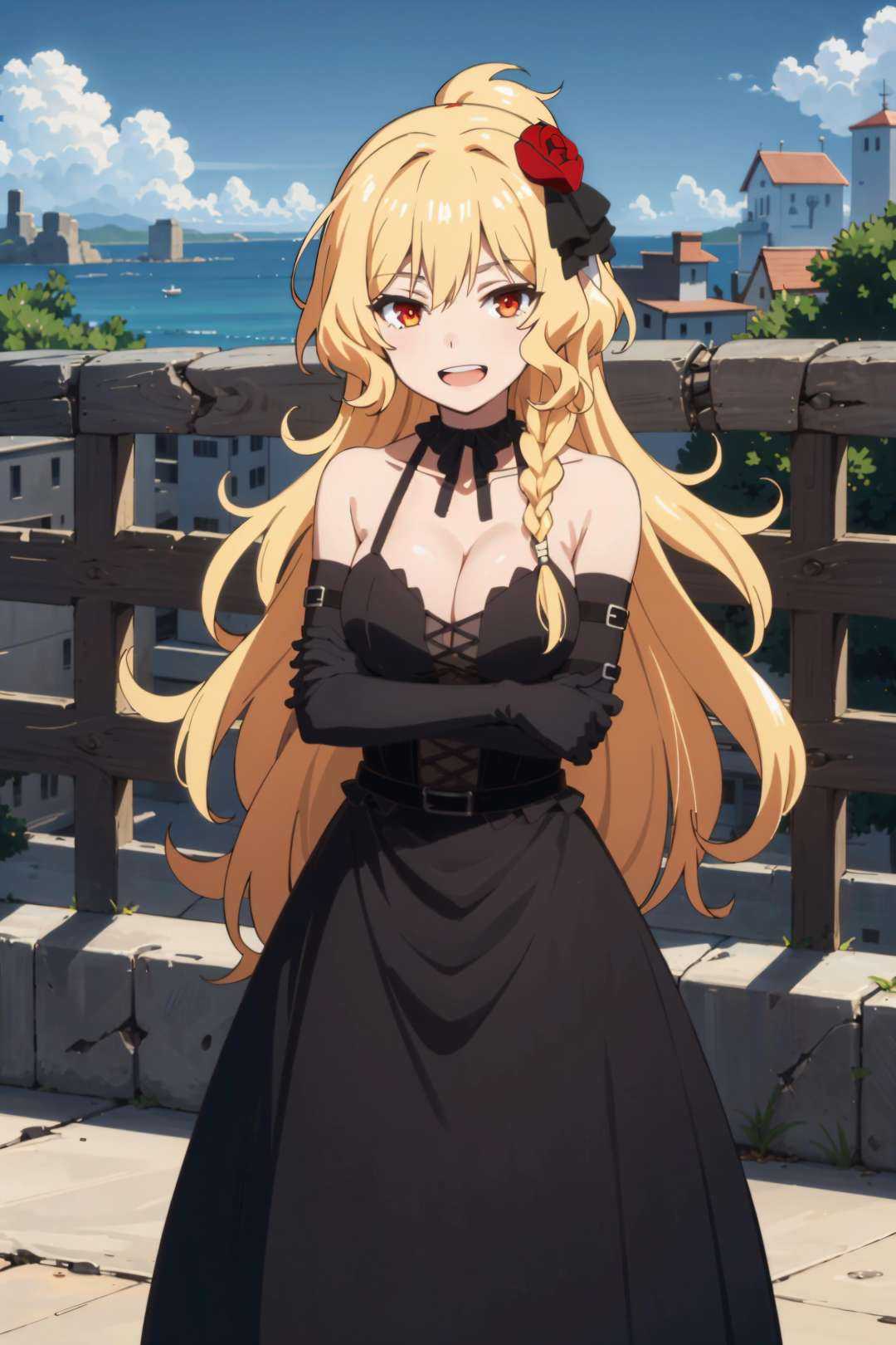 best quality, (masterpiece:1.2), detailed, medieval,<lora:chara_Rokuaka_CelicaArfonia_v1:0.8>, Celica Arfonia,1girl, solo, open mouth, grin, smile,long hair, blonde hair, red eyes, braid, red rose, hair flower,black dress, choker, black ribbon, cleavage, detached sleeves, medium breasts, crossed hands,standing, looking at the viewer,outdoors