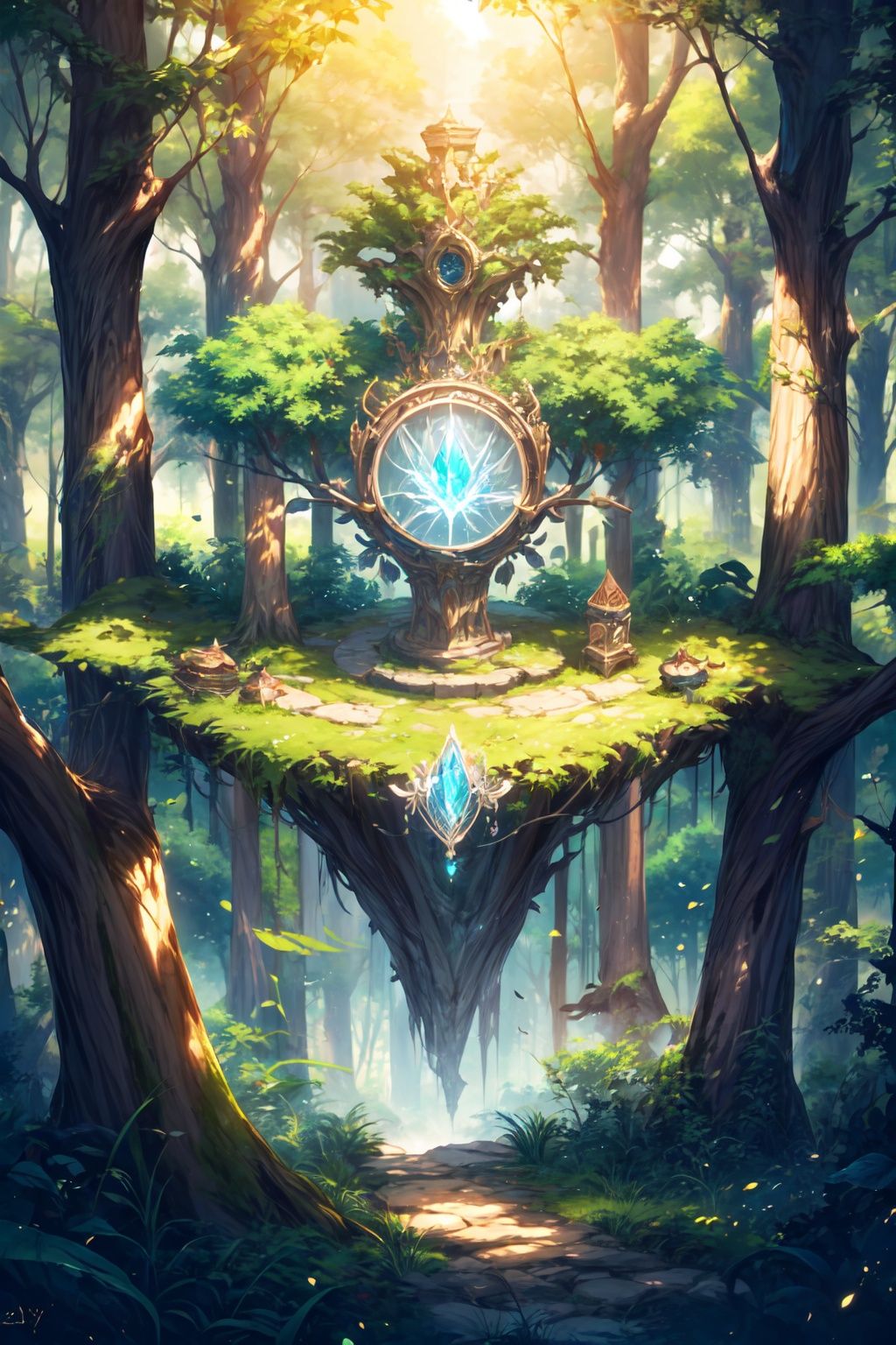 illugame,tree,scenery,nature,forest,outdoors,grass,no humans,sunlight,magic crystal,clock,leaf,day,fantasy,<lora:illugame-000004:0.8>,<lora:add_detail:1.3>,