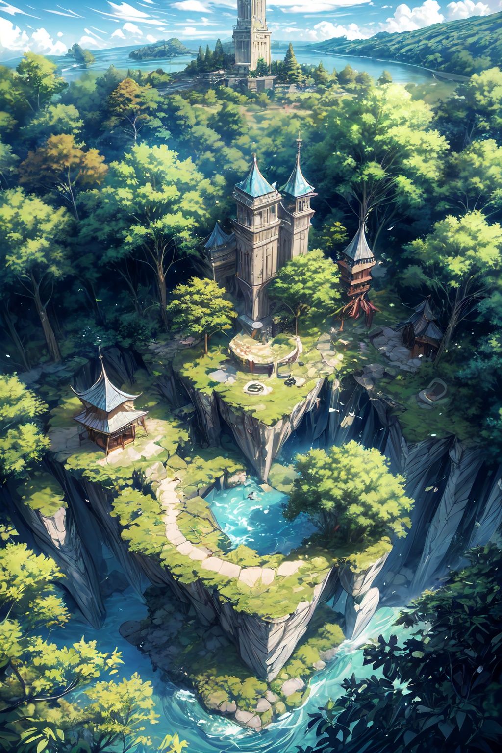 illugame,blue sky,day,floating island,forest,illugame,nature,no humans,outdoors,river,rock,scenery,stairs,tower,tree,<lora:illugame-000004:0.6>,<lora:add_detail:2>,