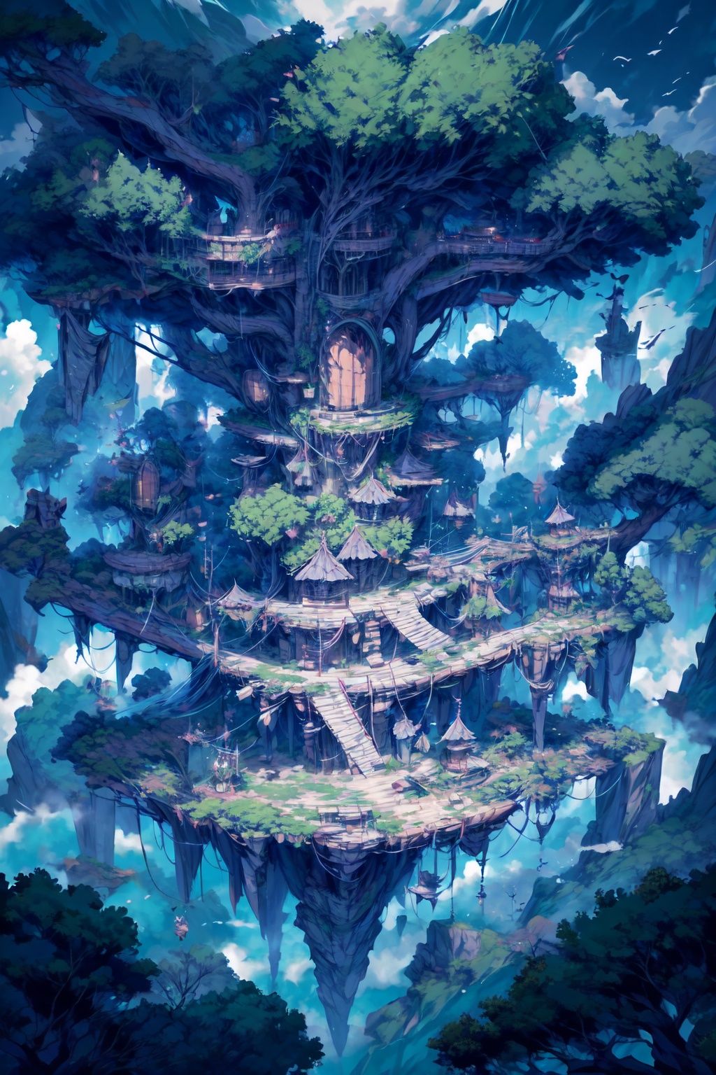 best quality,masterpiece,HDR,UHD,8K,ultra-fine painting,illugame,cloud,scenery,sky,no humans,outdoors,tree,floating island,day,(treehouse:1.2),architecture,blue sky,fantasy,<lora:illugame-000004:0.8>,<lora:add_detail:1.3>,<lora:WitchcraftPunkAI:0.8>,witchcraftpunkai,