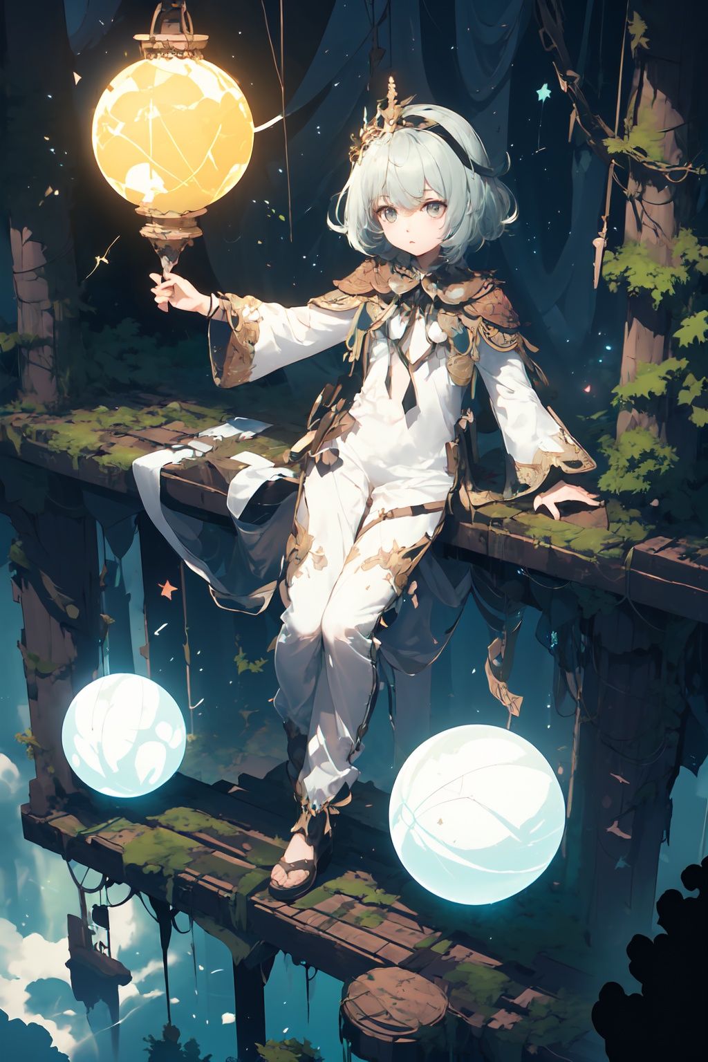 background:character (3:1),comic,extremely detailed CG unity 8k wallpaper,(best quality),((ultra-detailed)),(masterpiece),clear eye,(high resolution},1girl,loil,kid,cute,gray eye,yellow hair.In the dark night, so dark that you can't see your hand in front of you,a girl wearing a white luminous hat walked on the suspended steel rail, and her white pajamas were also shining. ((The girl has a white light ball in her hand and a white glow ball on her head)), stared at the vast detail dream starry sky, heavy, ,<lora:illugame-000004:1>,
