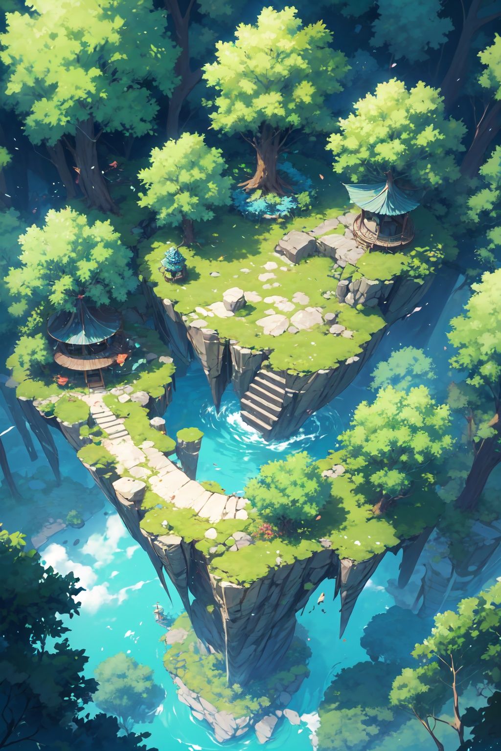 illugame,blue sky,day,floating island,forest,illugame,nature,no humans,outdoors,river,rock,scenery,stairs,tower,tree,<lora:illugame-000004:0.6>,<lora:add_detail:0.5>,