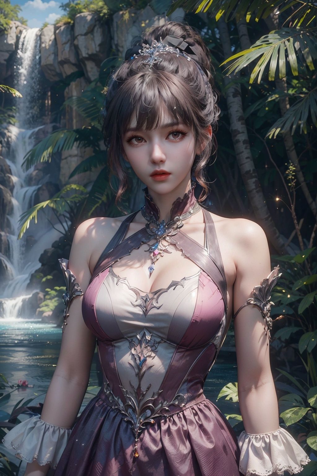 masterpiece,best quality,official art,extremely detailed CG unity 8k wallpaper,1girl,high ponytail, looking at viewer, pov, standing, angry, upper body, waterfall, pink dress,light rays, light particles,  <lora:小舞:0.5>