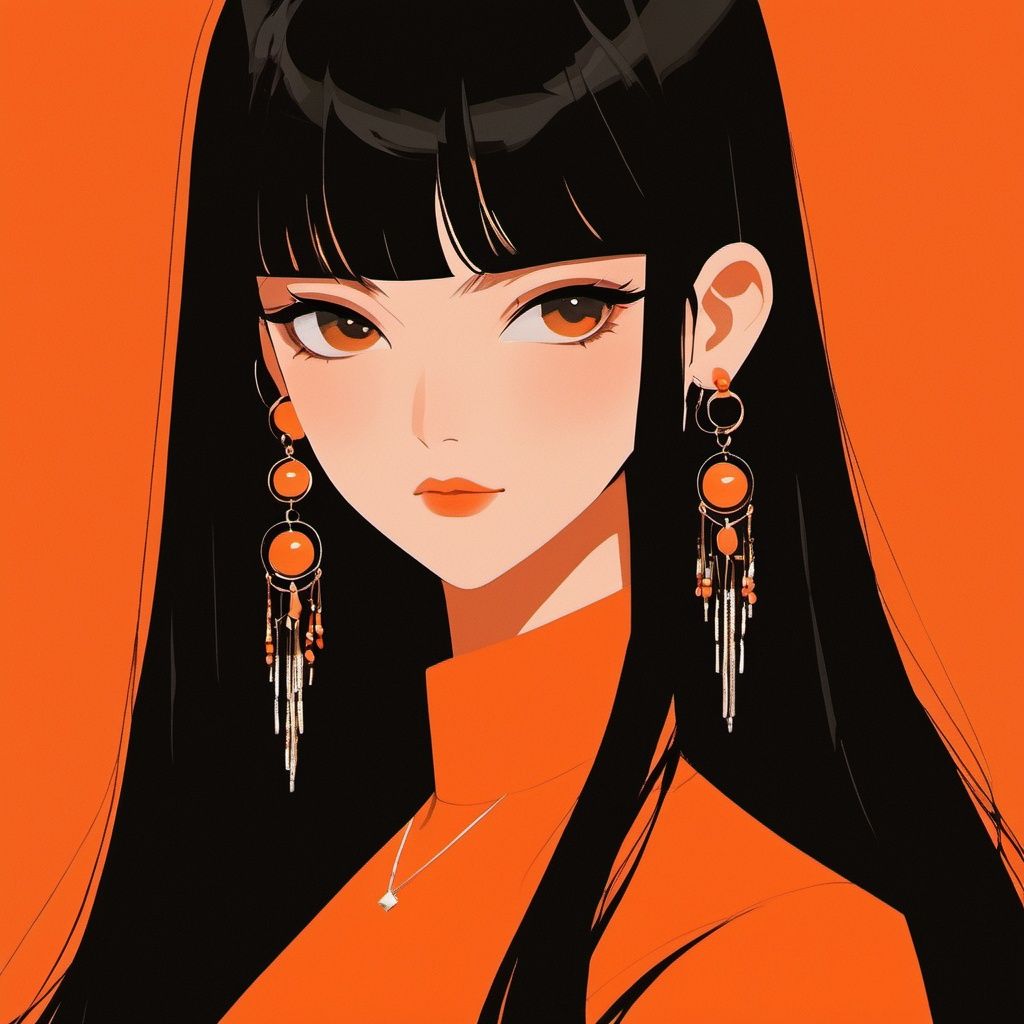 minimalism,  1girl, orange background,  solo,  jewelry,  earrings,  long hair,  black hair,  bangs,  looking at viewer,  mole, <lora:EMS-32776-EMS:0.800000>