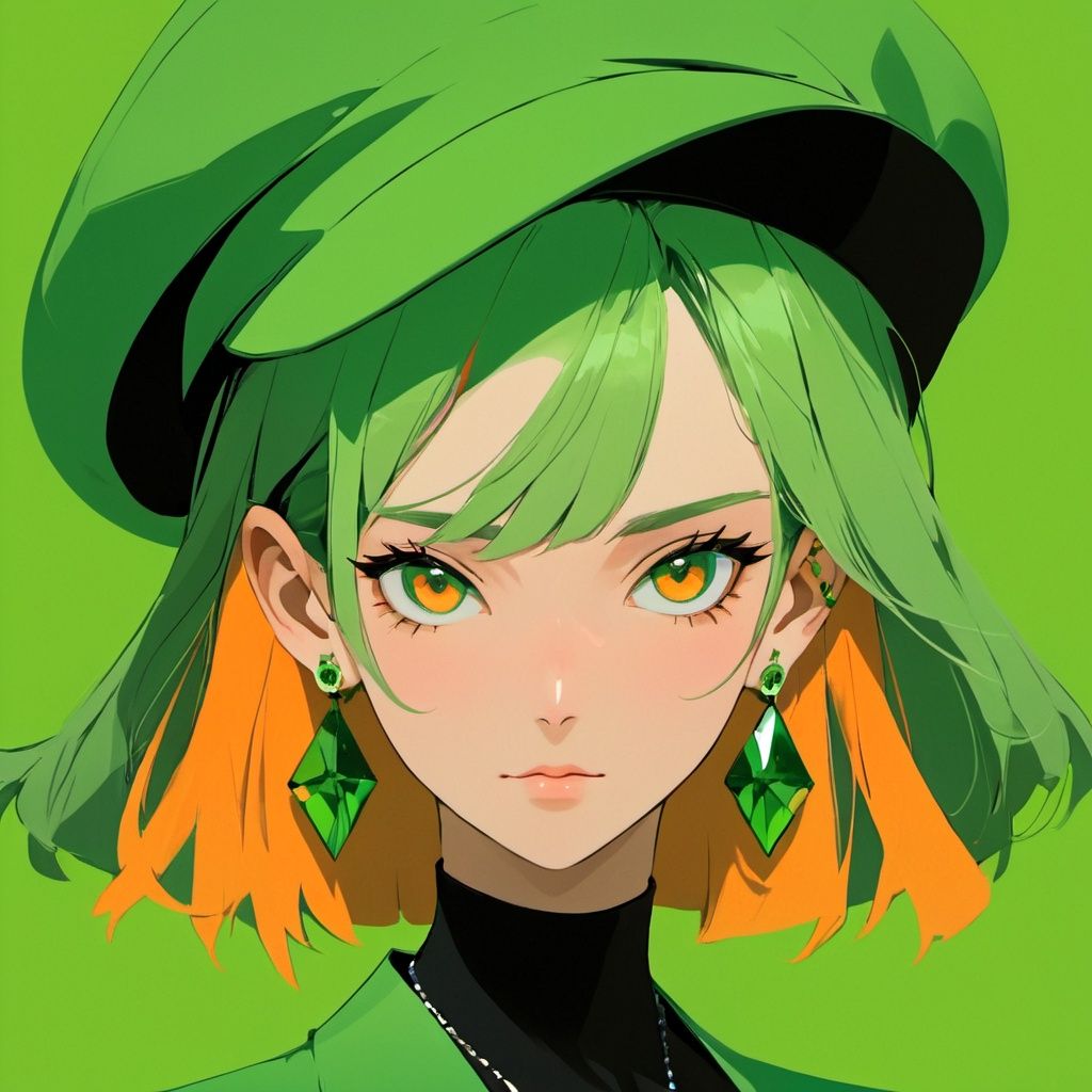 master piece,orange and green,minimalism,  solo,  baret hat,1 European girl,glowing eyes,  jewelry,  earrings, short hair, looking at viewer, upper body, simple background, necklace,emotianal impact,cinemetic view