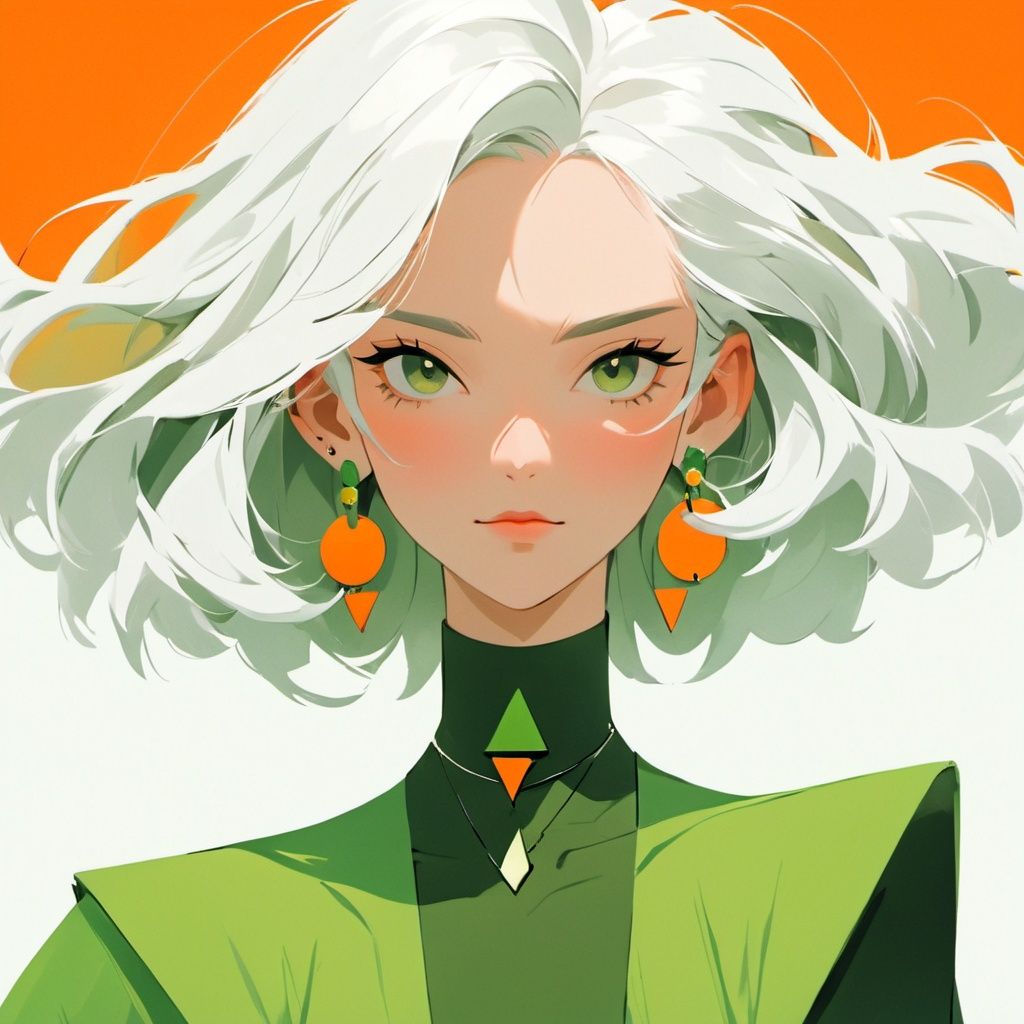 master piece,orange and green,minimalism, 1girl, fashion, solo, jewelry, white hair, earrings, short hair, looking at viewer, upper body, simple background, necklace,emotional impact,cinemetic view