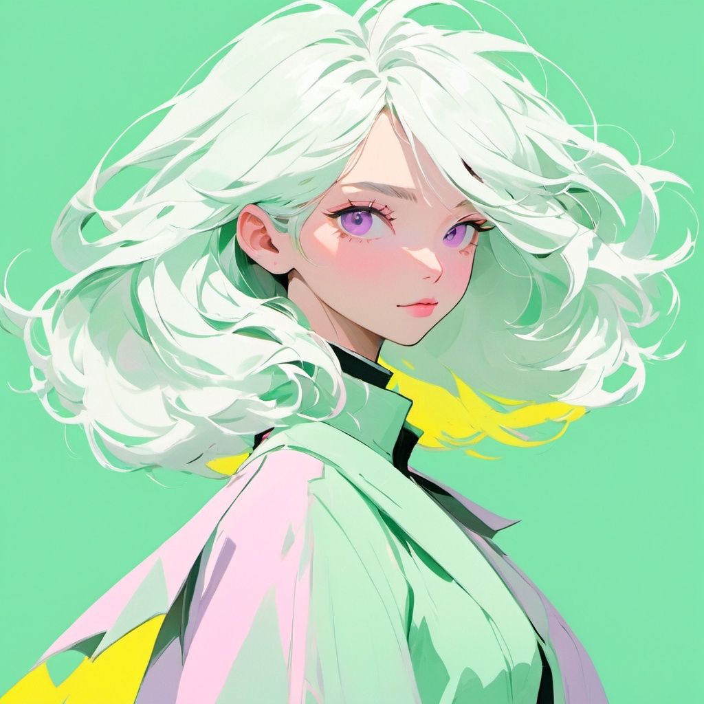 mint green and pink, minimalism,  solo,  yellow background,  white hair,  1girl,  looking at viewer,  simple background,  purple eyes, 