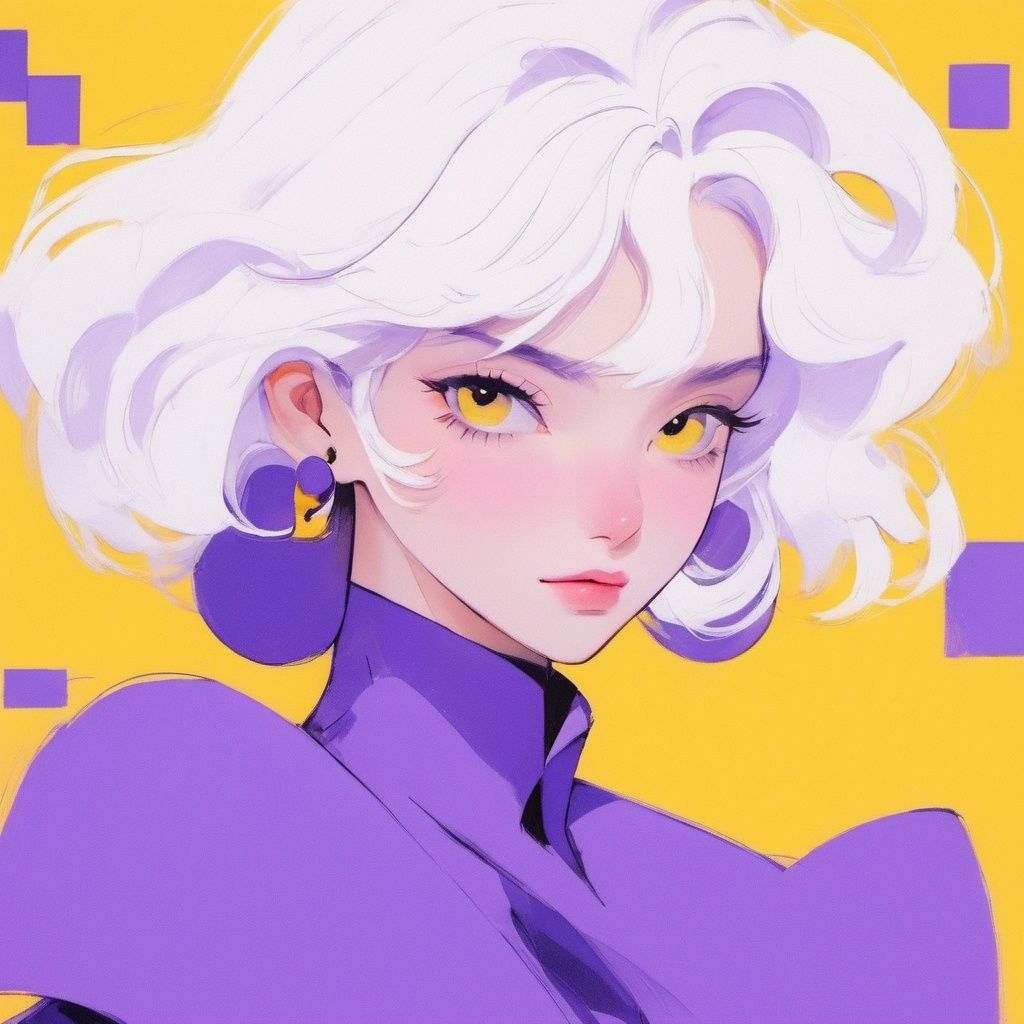 yellow and purple, minimalism,  solo,  yellow background,  white hair,  1girl,  looking at viewer,  simple background,  purple eyes, <lora:EMS-32776-EMS:0.800000>