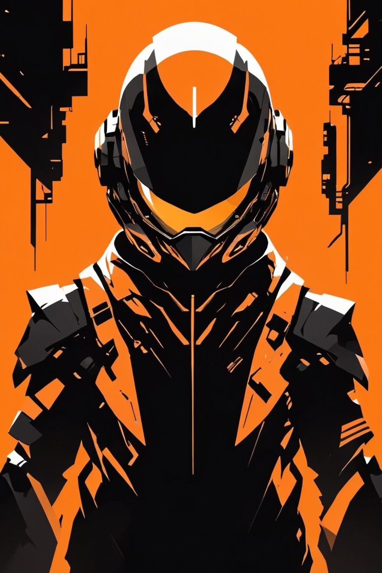 minimalism,simple black and orange background,Future City, science fiction, 1boy, helmet, 