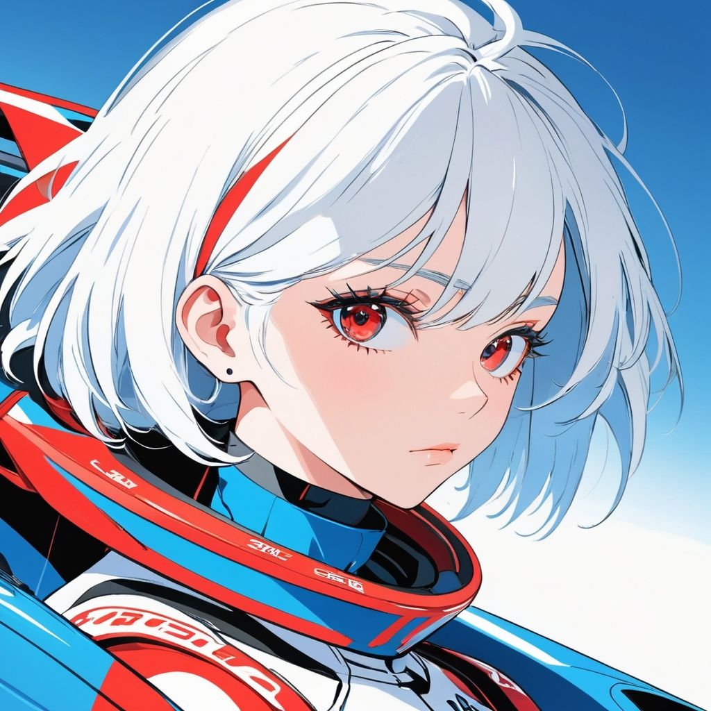  minimalism,detailed beautiful face, blue and red, solo,white hair,  1girl,  looking at viewer,  simple background,very short straight hair,strong contrast,ear piercing,Racing suit,strong contrast,emotional impact,anime,best light,best shadow,illustration,vibrant color,
Race car,lineart style