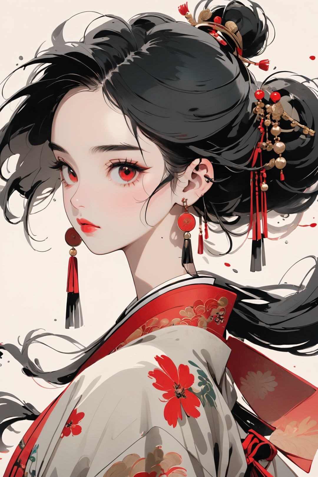 minimalism,1girl, solo, earrings, jewelry, hair ornament, looking at viewer, black hair, blush, makeup, red lips, portrait, simple background, tassel earrings, chinese clothes,, dazzling red eyes, detailed clothing,(detailed clothing:1.5),Niji,splashing ink,chinese painting,mature woman,