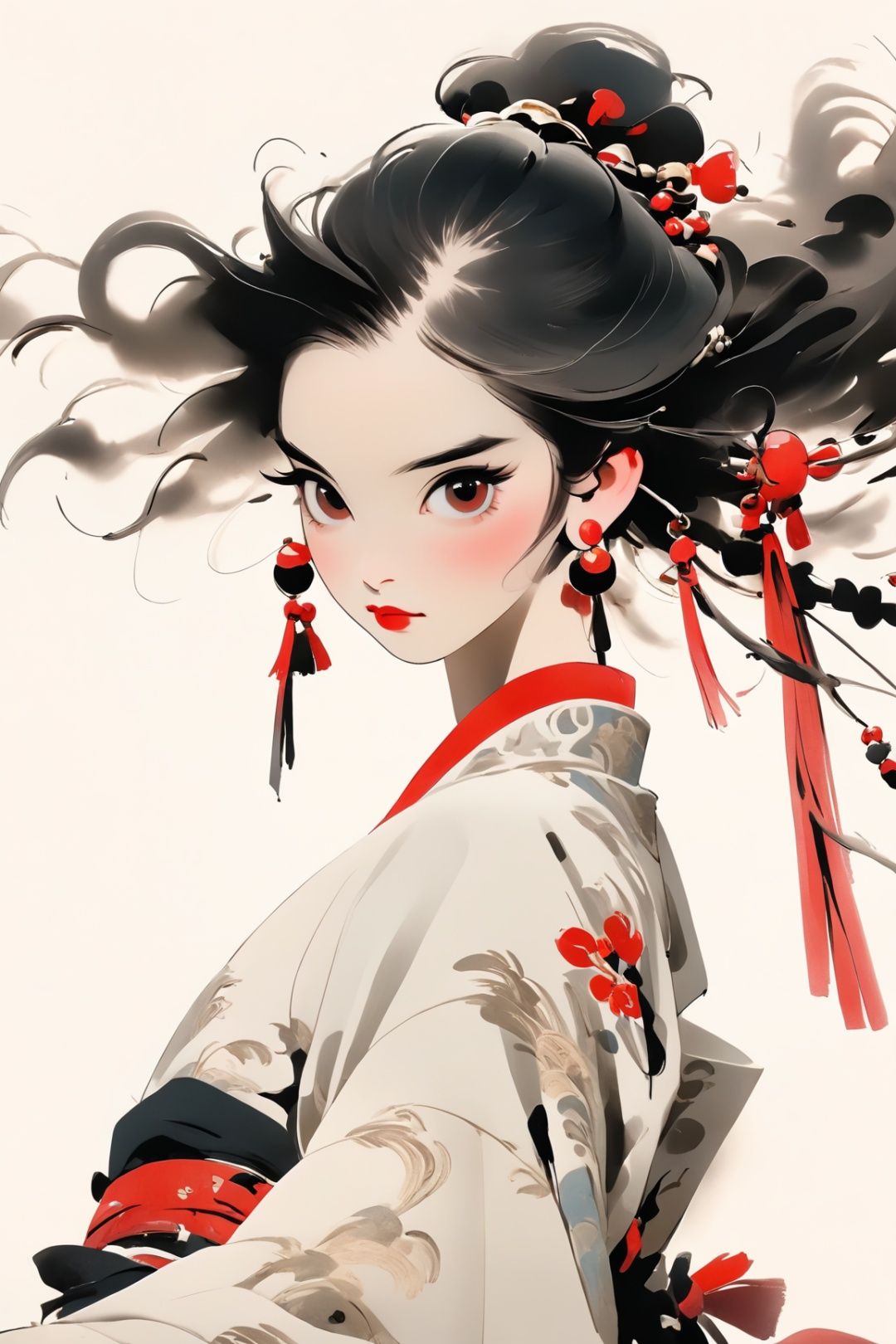 minimalism,1girl, solo, earrings, jewelry, hair ornament, looking at viewer, black hair, blush, makeup, red lips, portrait, simple background, tassel earrings, chinese clothes, ,jianjue, dazzling red eyes, detailed clothing,(detailed clothing, tightly holding sword in hand:1.5)