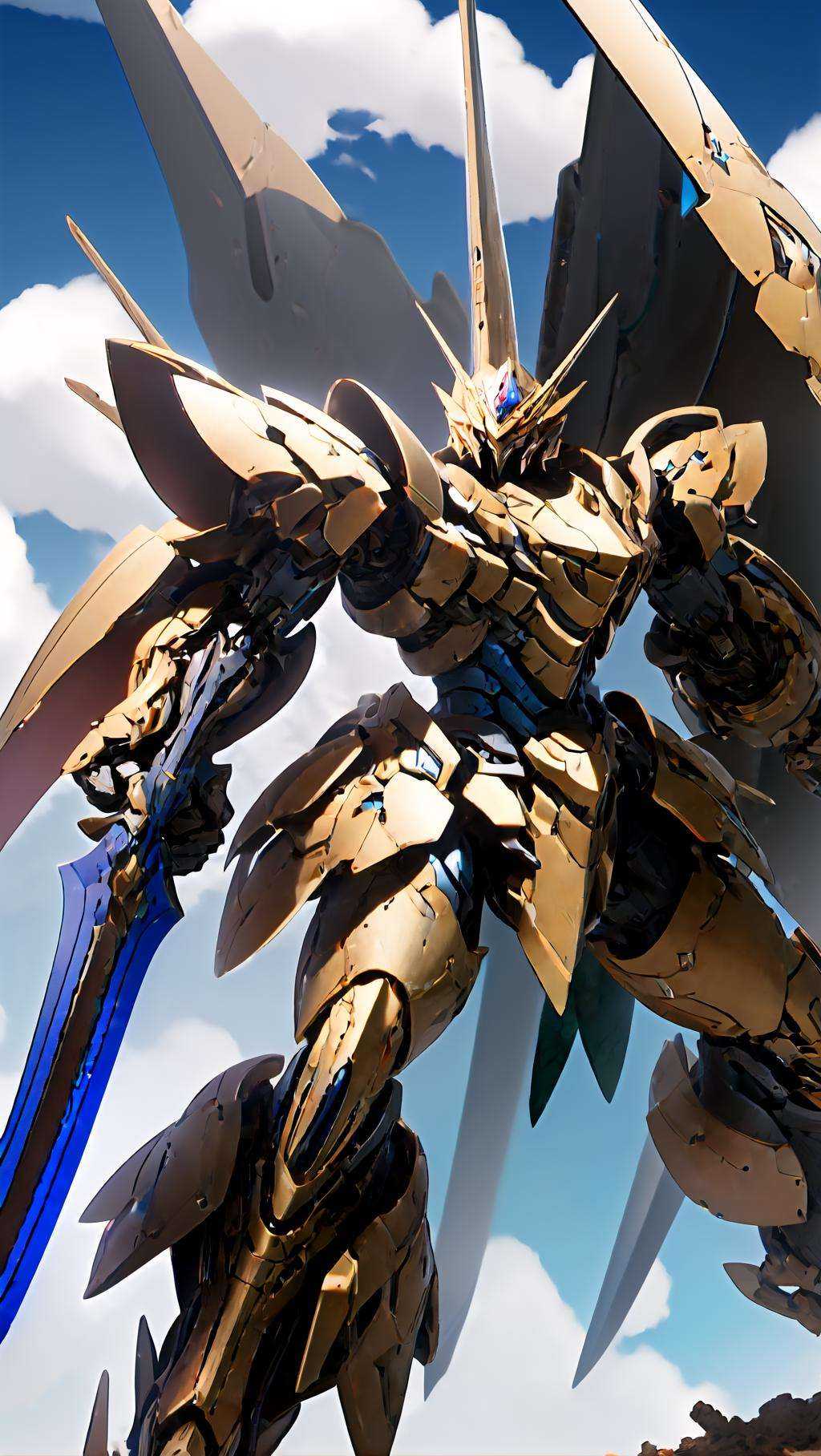 a (((mecha))) with sleek and menacing design,  holding weapon,  full knight armor on Tensor.Art