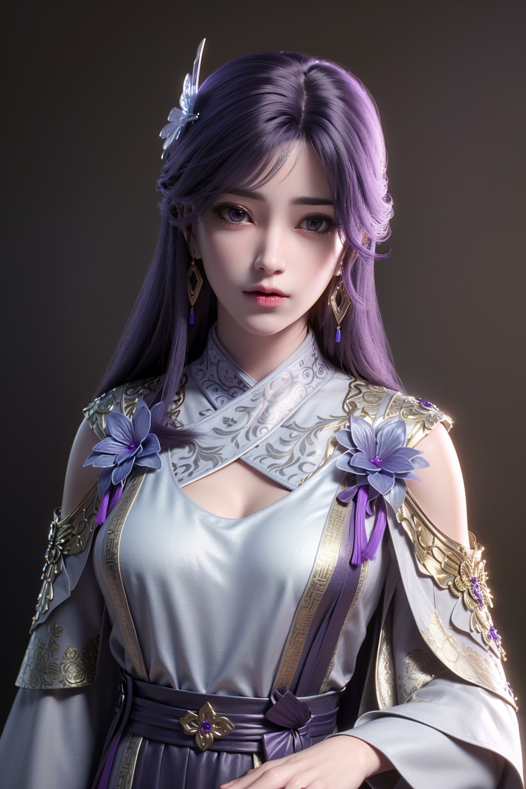 solid background,medium full shot,,,aerial view,shading eyes,1girl,hanfu,chinese clothes,purple eyes, hair ornament, jewelry,earrings,hair flower,<lora:yunxi_new_2.1:0.7>,masterpiece,(best quality),official art, extremely detailed cg 8k wallpaper, (extremely delicate and beautiful),solo, realistic, photo_\(medium\), hiqcgbody,<lora:hipoly3DModelLora_v10:0.4:NF>, 