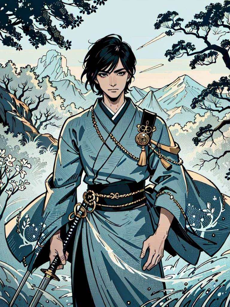a sword-wielding **** male,  young male body,  detailed luxury kimono by Mytee on Tensor.Art