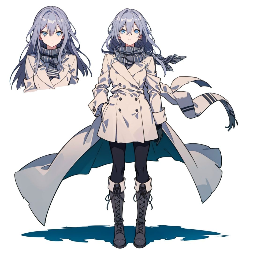 (masterpiece:1.3),(the best quality:1.2),(super fine illustrations:1.2),(Masterpiece),high quality,high detail,(white background:1.2),looking at viewer,(SOLO:1.4),outline,simple background,, coat,jacket,black legwear,hair between eyes,blue eyes,boots,double-breasted,knee boots,low-tied long hair,lace-up boots,black footwear,checkered scarf,grey hair,