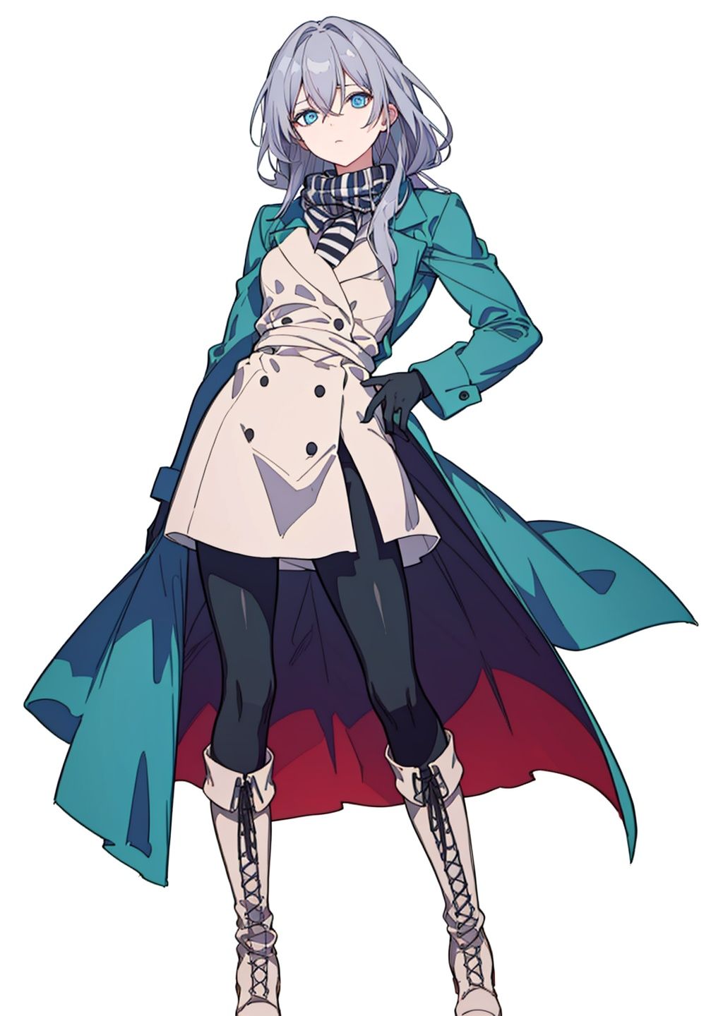 (masterpiece:1.3),(the best quality:1.2),(super fine illustrations:1.2),(Masterpiece),high quality,high detail,(white background:1.2),looking at viewer,(SOLO:1.4),outline,simple background,, coat,jacket,black legwear,hair between eyes,blue eyes,boots,double-breasted,knee boots,low-tied long hair,lace-up boots,black footwear,checkered scarf,grey hair,

