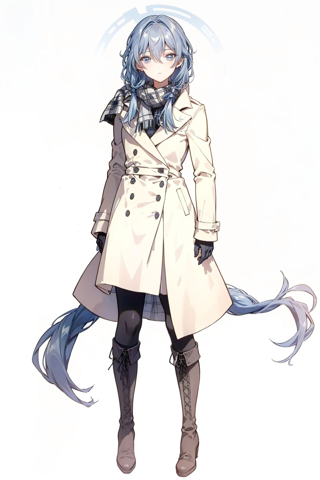 (masterpiece:1.3),(the best quality:1.2),(super fine illustrations:1.2),(Masterpiece),high quality,high detail,(white background:1.2),looking at viewer,(SOLO:1.4),outline,simple background,, coat,jacket,black legwear,hair between eyes,blue eyes,boots,double-breasted,knee boots,low-tied long hair,lace-up boots,black footwear,checkered scarf,grey hair,