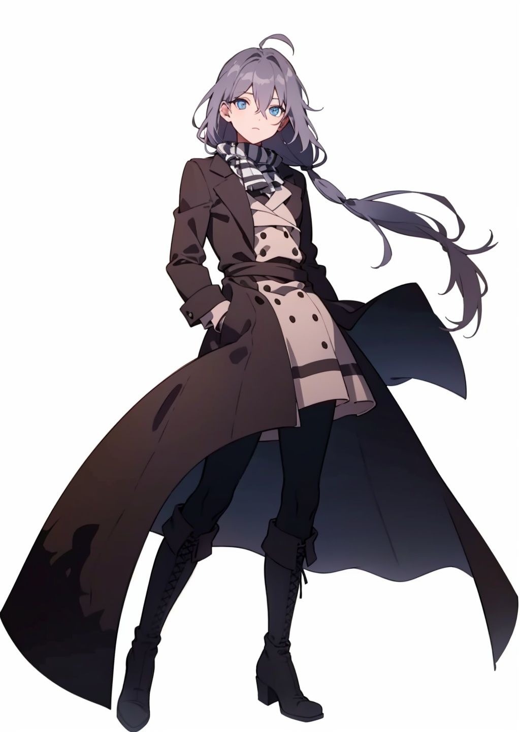 (masterpiece:1.3),(the best quality:1.2),(super fine illustrations:1.2),(Masterpiece),high quality,high detail,(white background:1.2),looking at viewer,(SOLO:1.4),outline,simple background,, coat,jacket,black legwear,hair between eyes,blue eyes,boots,double-breasted,knee boots,low-tied long hair,lace-up boots,black footwear,checkered scarf,grey hair,
