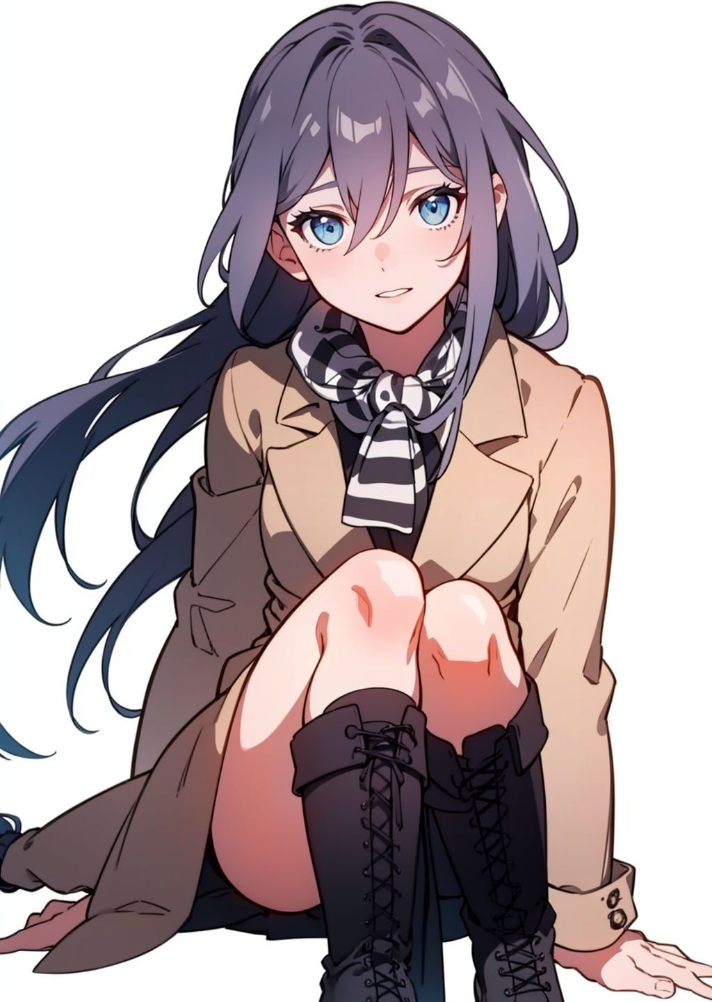 (masterpiece:1.3),(the best quality:1.2),(super fine illustrations:1.2),(Masterpiece),high quality,high detail,(white background:1.2),looking at viewer,(SOLO:1.4),outline,simple background,, coat,jacket,black legwear,hair between eyes,blue eyes,boots,double-breasted,knee boots,low-tied long hair,lace-up boots,black footwear,checkered scarf,grey hair,