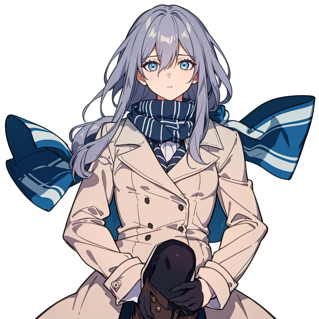  (masterpiece:1.3),(the best quality:1.2),(super fine illustrations:1.2),(Masterpiece),high quality,high detail,(white background:1.2),looking at viewer,(SOLO:1.4),outline,simple background,, coat,jacket,black legwear,hair between eyes,blue eyes,boots,double-breasted,knee boots,low-tied long hair,lace-up boots,black footwear,checkered scarf,grey hair,