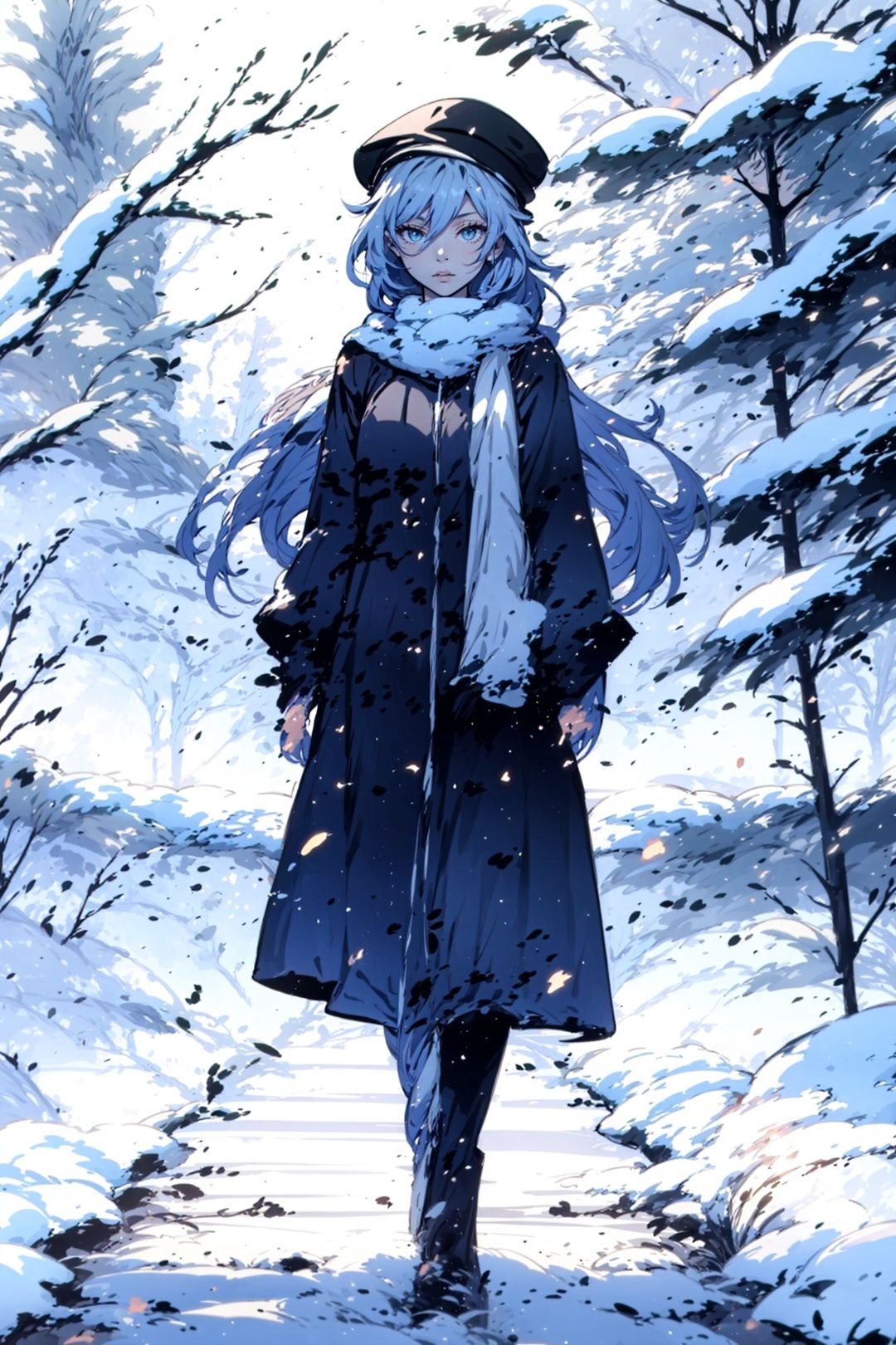 Realistic, masterpiece, highest quality, high resolution, full body, 1 female, long silver-gray hair, delicate beautiful face, super detailed eyes, snow-white skin, beautiful standing posture, photo, high-end sense, simple background, professional lighting, (85mm, f/1.2, Fujifilm XT4), Chinese ink painting, seecolor,,fu_hua,,scar,1girl,hat