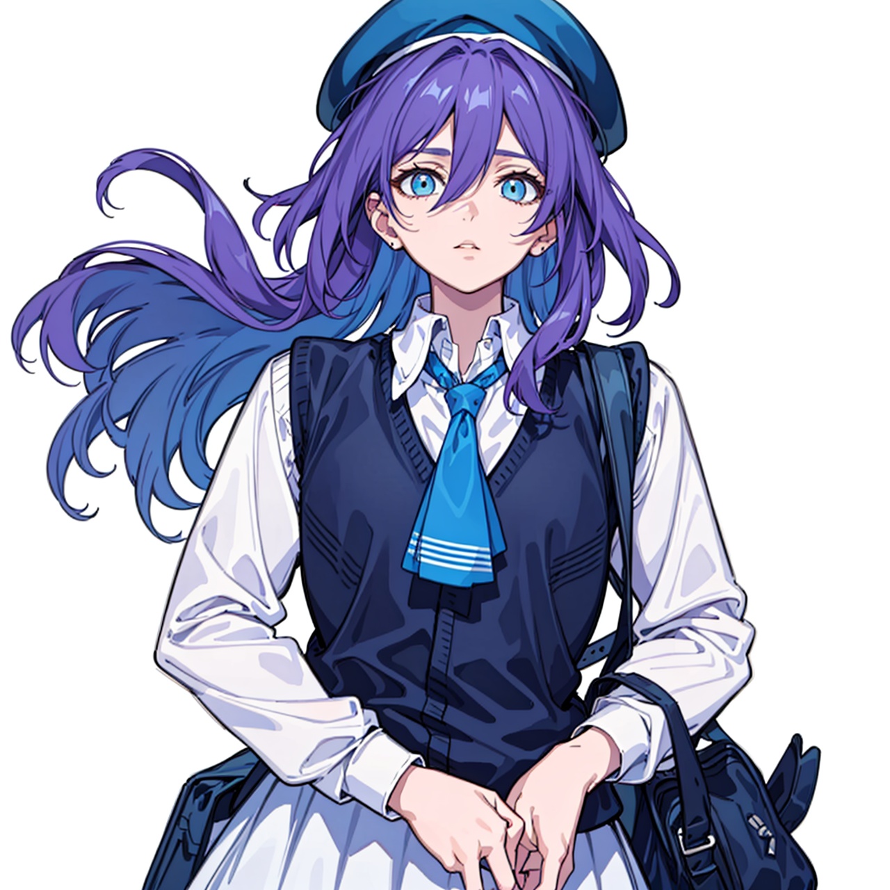  (masterpiece:1.3),(the best quality:1.2),(super fine illustrations:1.2),(Masterpiece),high quality,high detail,(white background:1.2),looking at viewer,(SOLO:1.4),outline,simple background,, hat,skirt,beret,vest,blue necktie,hair between eyes,purple hair,shoulder bag,white shirt,fu hua,