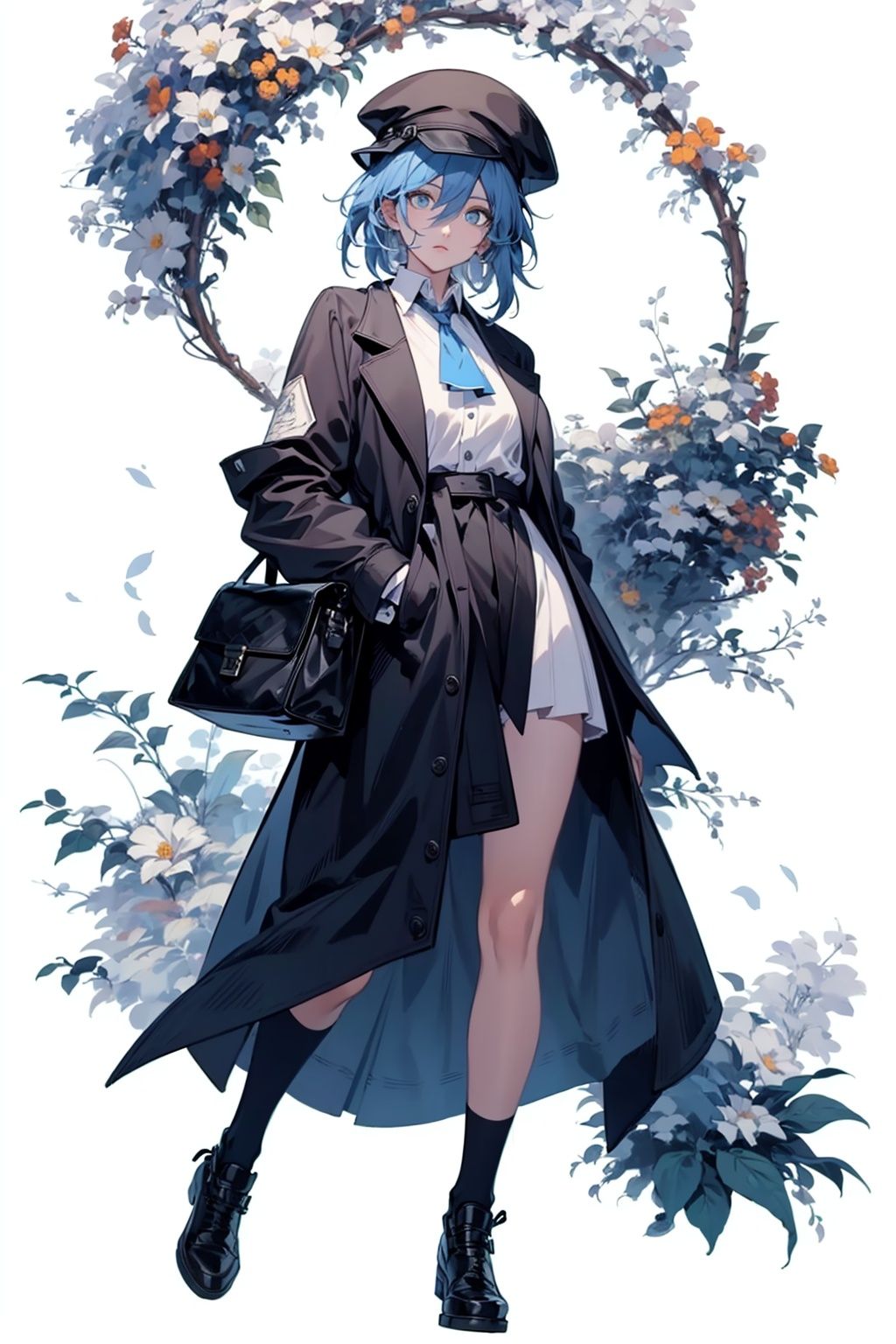 (masterpiece:1.3),(the best quality:1.2),(super fine illustrations:1.2),(Masterpiece),high quality,high detail,(white background:1.2),looking at viewer,(SOLO:1.4),outline,simple background,,solo,fu_hua,1girl,hat,blue_eyes,hair_between_eyes,full body,
