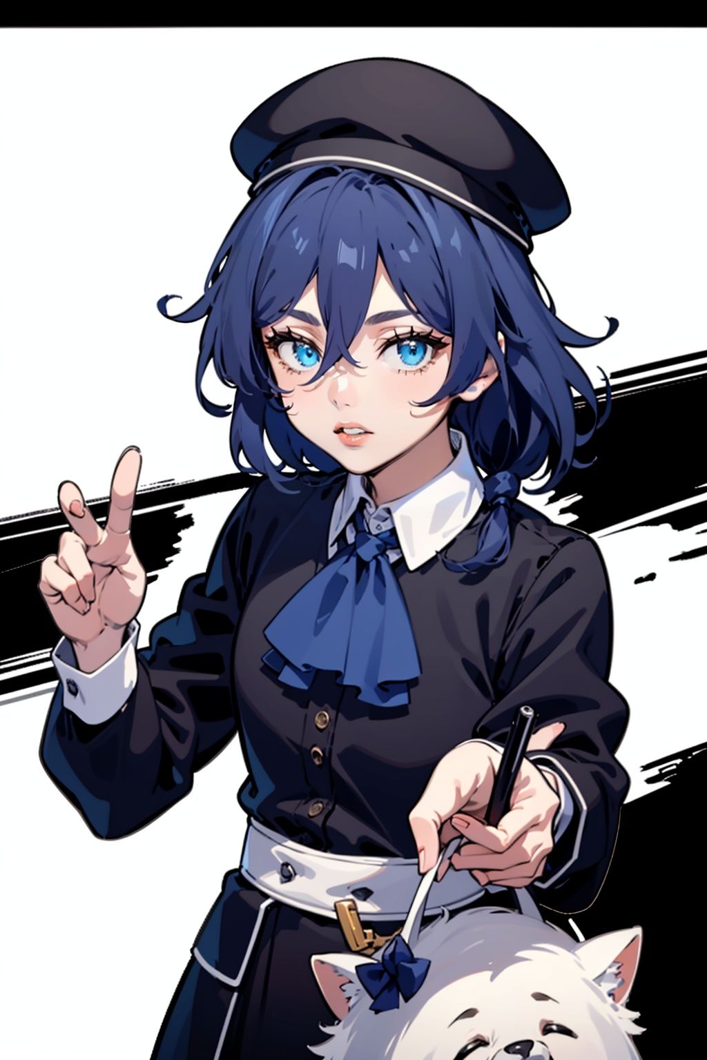 (masterpiece:1.3), (the best quality:1.2), (super fine illustrations:1.2), (Masterpiece), high quality, high detail,(white background:1.2), looking at viewer, (SOLO:1.4),outline,,simple background solo,fu_hua,1girl,hat,blue_eyes,hair_between_eyes,