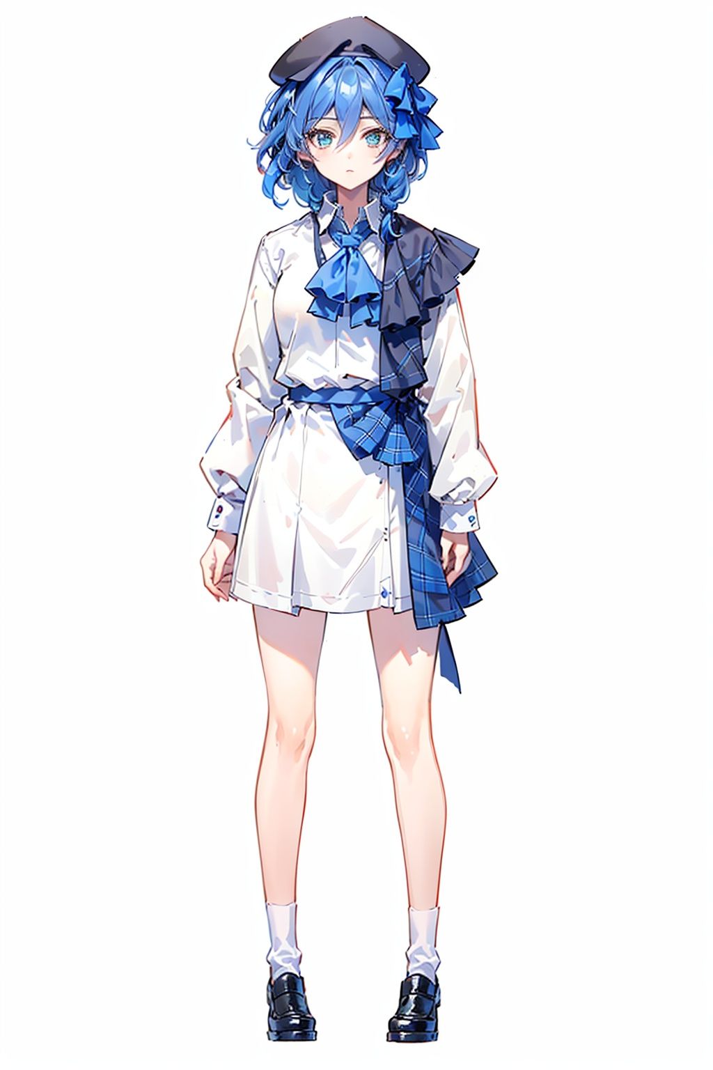 (masterpiece:1.3),(the best quality:1.2),(super fine illustrations:1.2),(Masterpiece),high quality,high detail,(white background:1.2),looking at viewer,(SOLO:1.4),outline,simple background,,solo,fu_hua,1girl,hat,blue_eyes,hair_between_eyes,full body,