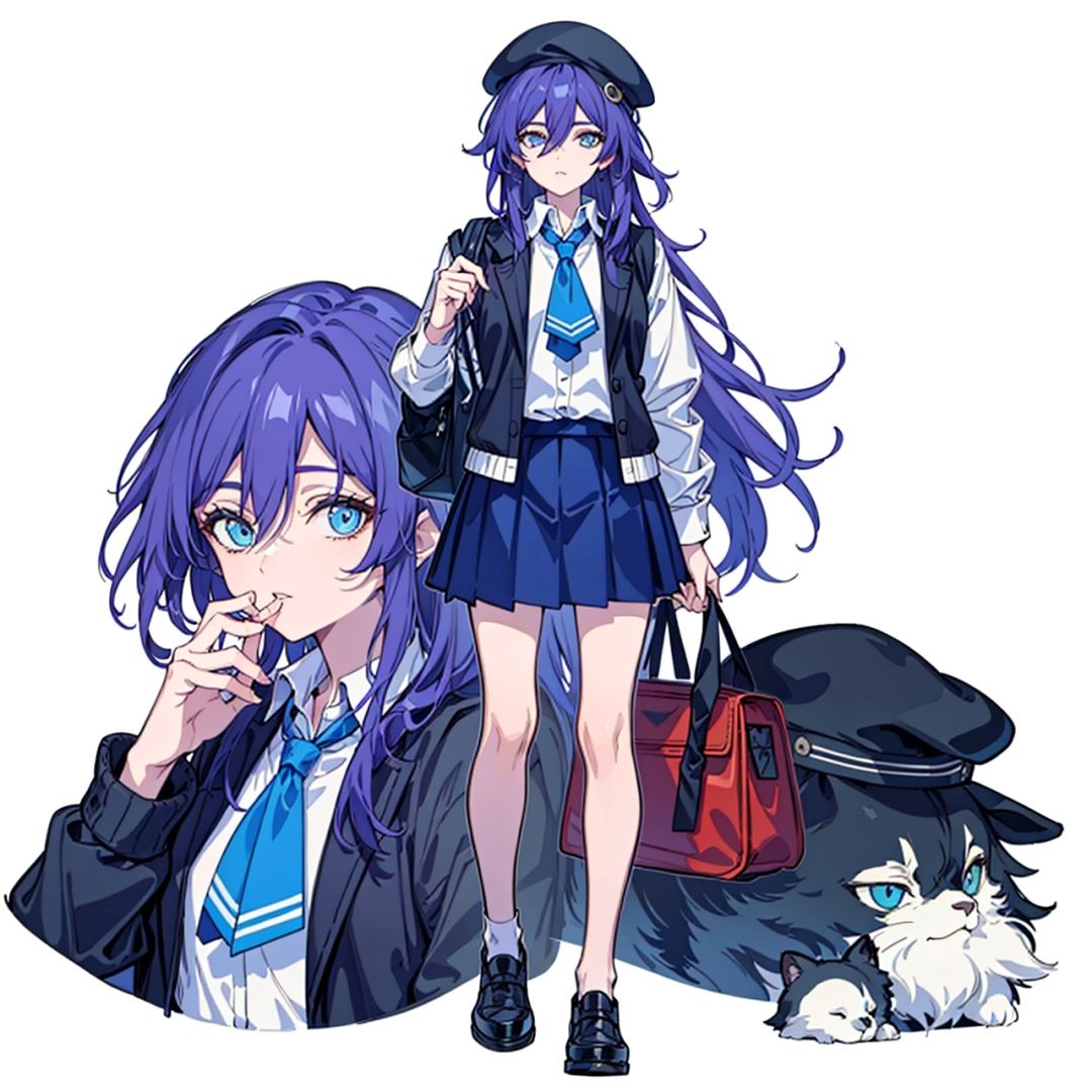 (masterpiece:1.3),(the best quality:1.2),(super fine illustrations:1.2),(Masterpiece),high quality,high detail,(white background:1.2),looking at viewer,(SOLO:1.4),outline,simple background,, hat,skirt,beret,vest,blue necktie,hair between eyes,purple hair,shoulder bag,white shirt,fu hua,