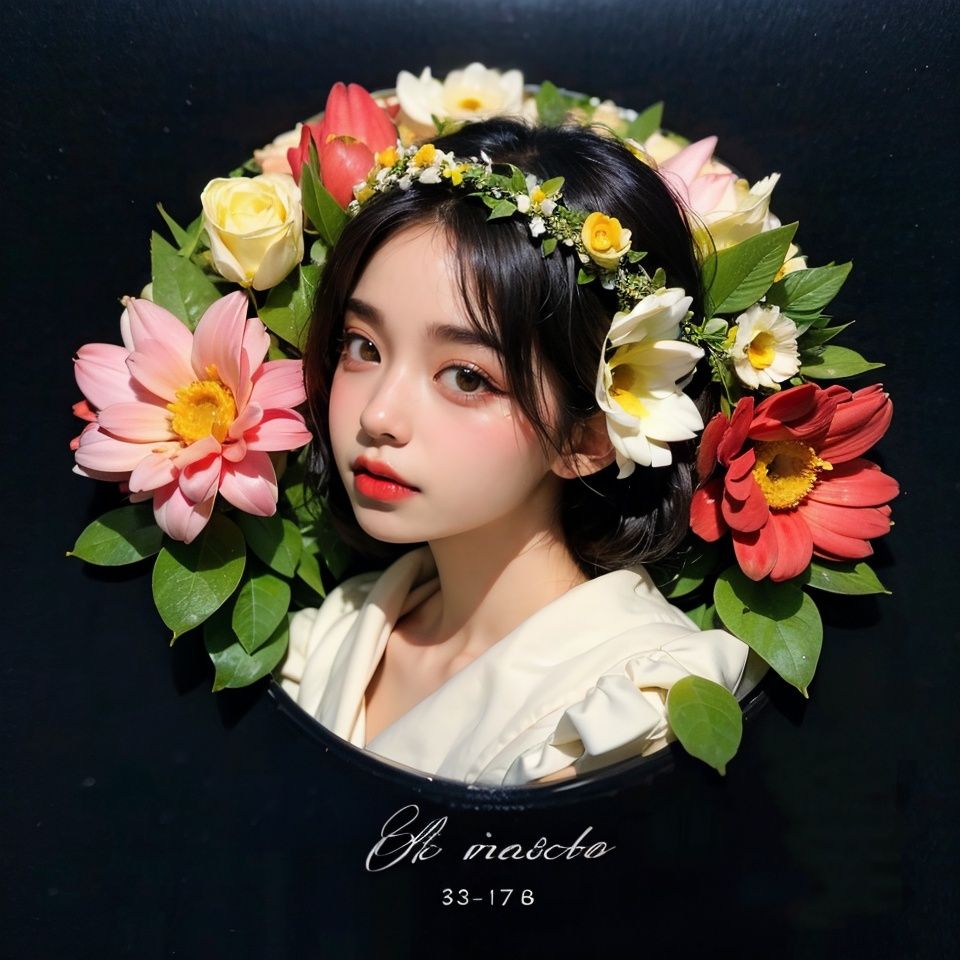 1 girl, charming, masterpiece, best quality, (simple background), Circle, portrait, Flower Wreath, Art, 