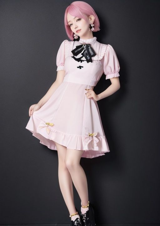 マスターチーフ 1girl,  <lora:minedress2:0.7>,minedress2,sky,full body, pink hair, earrings, yellow background, <lora:BarbieCore:0.8> BarbieCore