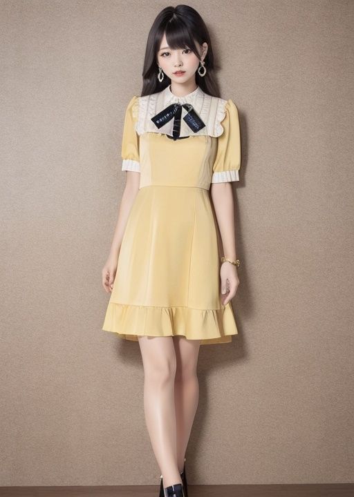 マスターチーフ 1girl,  <lora:minedress2:0.7>,minedress2,sky,full body, long hair, earrings, yellow background