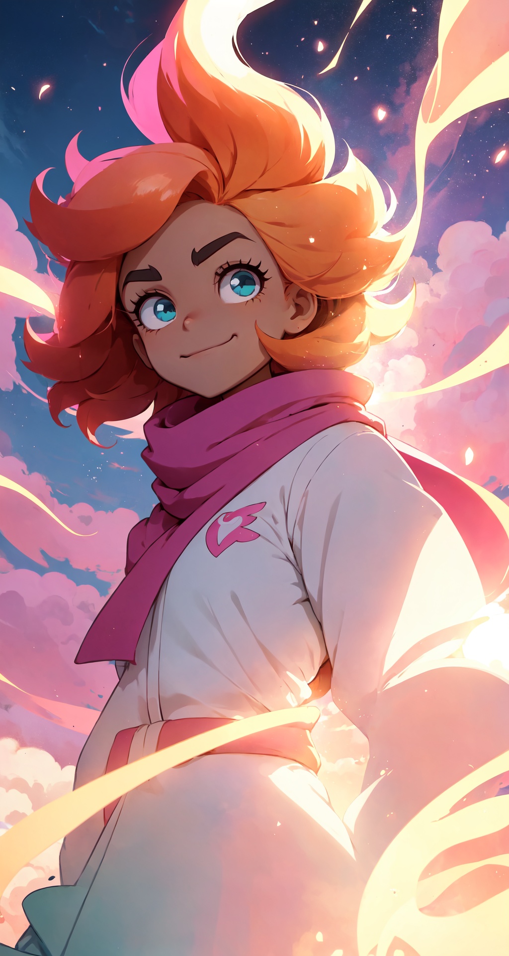 powerpuff girls style,  illustration of a girl floating in the sky,  scarf on Tensor.Art