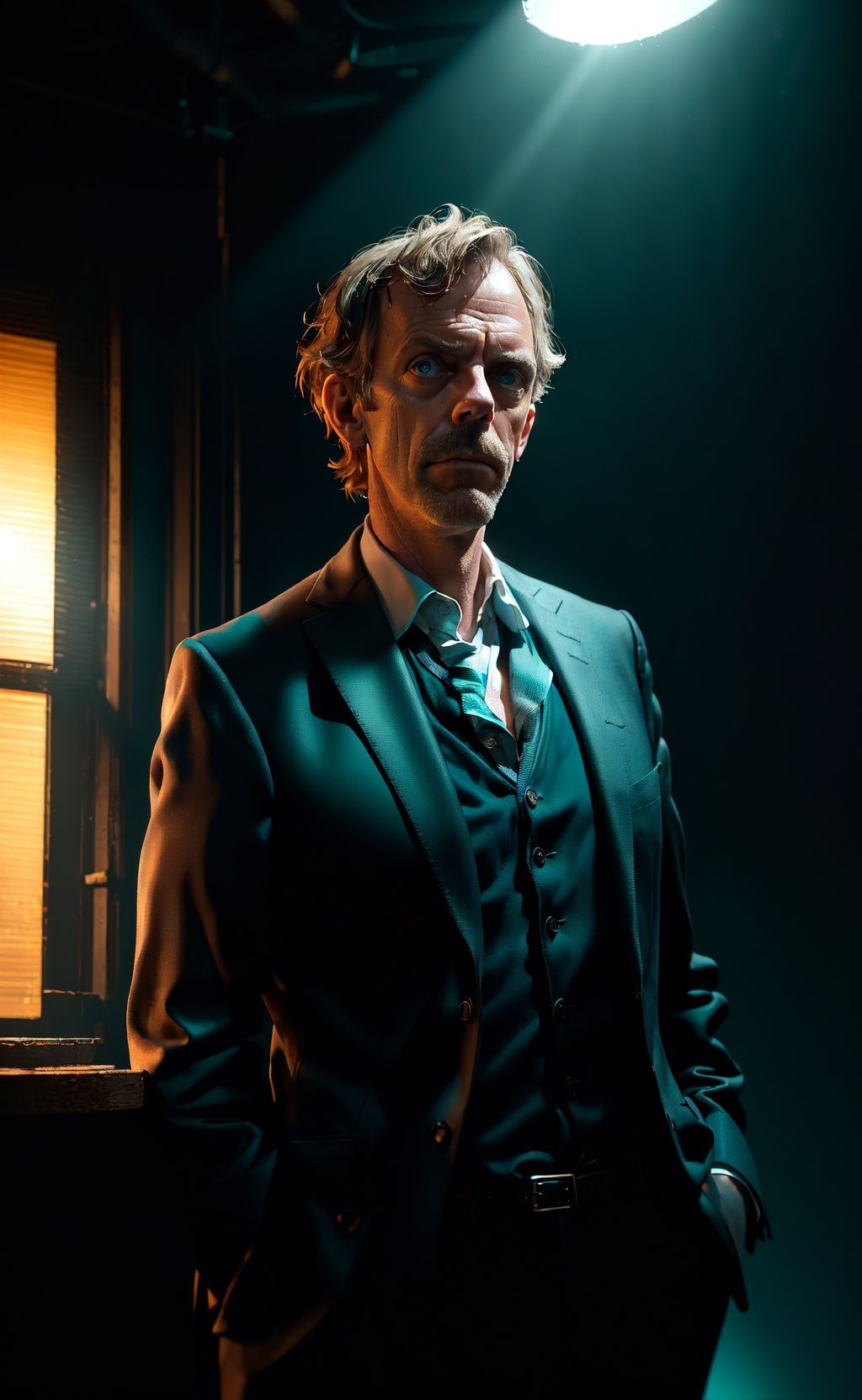 portrait of a award winning photo of hugh laurie posing in a dark studio,  two tone lighting,  sharp focus on Tensor.Art