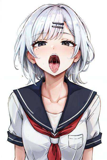 oral invitation, white background, mole under eye, hairclip, saliva, simple background, white hair, upper body, blush, looking at viewer, serafuku, red neckerchief, school uniform, tongue out, 1girl, black serafuku, shirt, solo,  short hair, open mouth, collarbone, neckerchief, sailor collar, black eyes<lora:oral_invitation-09:0.8>