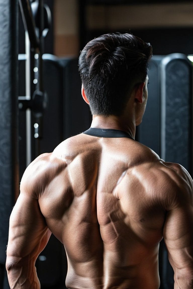 A back view photo of an Asian guy with an athletic body in the gym.,  detailed skin on Tensor.Art