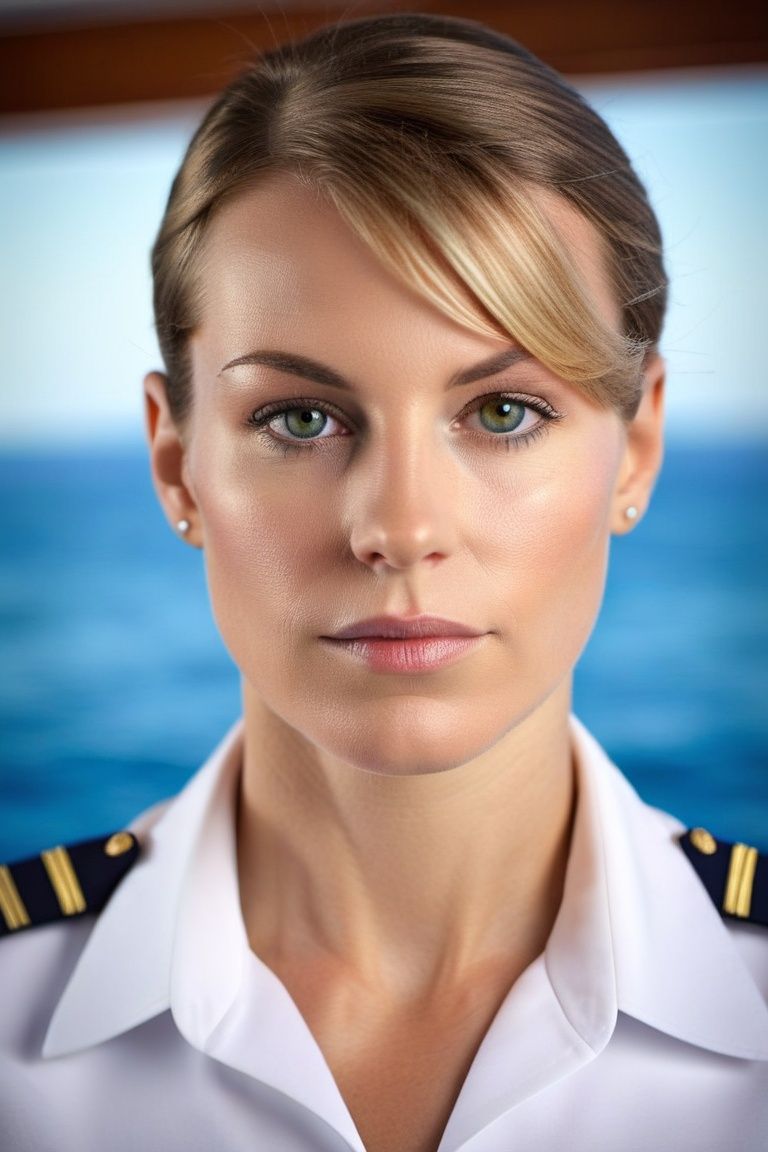 Generate a portrait photo of the most ordinary woman captain of a cruise ship,  sharp-focus,  highly detailed on Tensor.Art